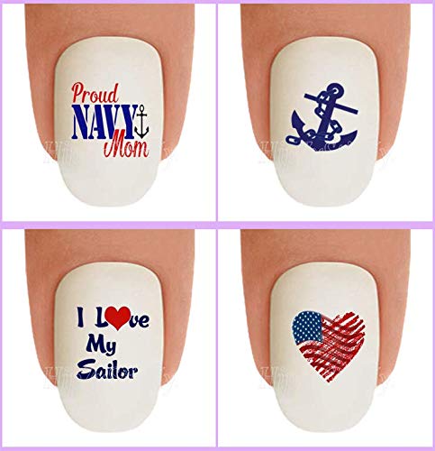 40pc Military Navy Anchor Flag Heart Nail Art WaterSlide Decals - Salon Quality DIY Nail Stickers for Sailor MOM & Patriotic Nail Designs - Perfect for Home Manicure, DIY Nail Art & Salon Use