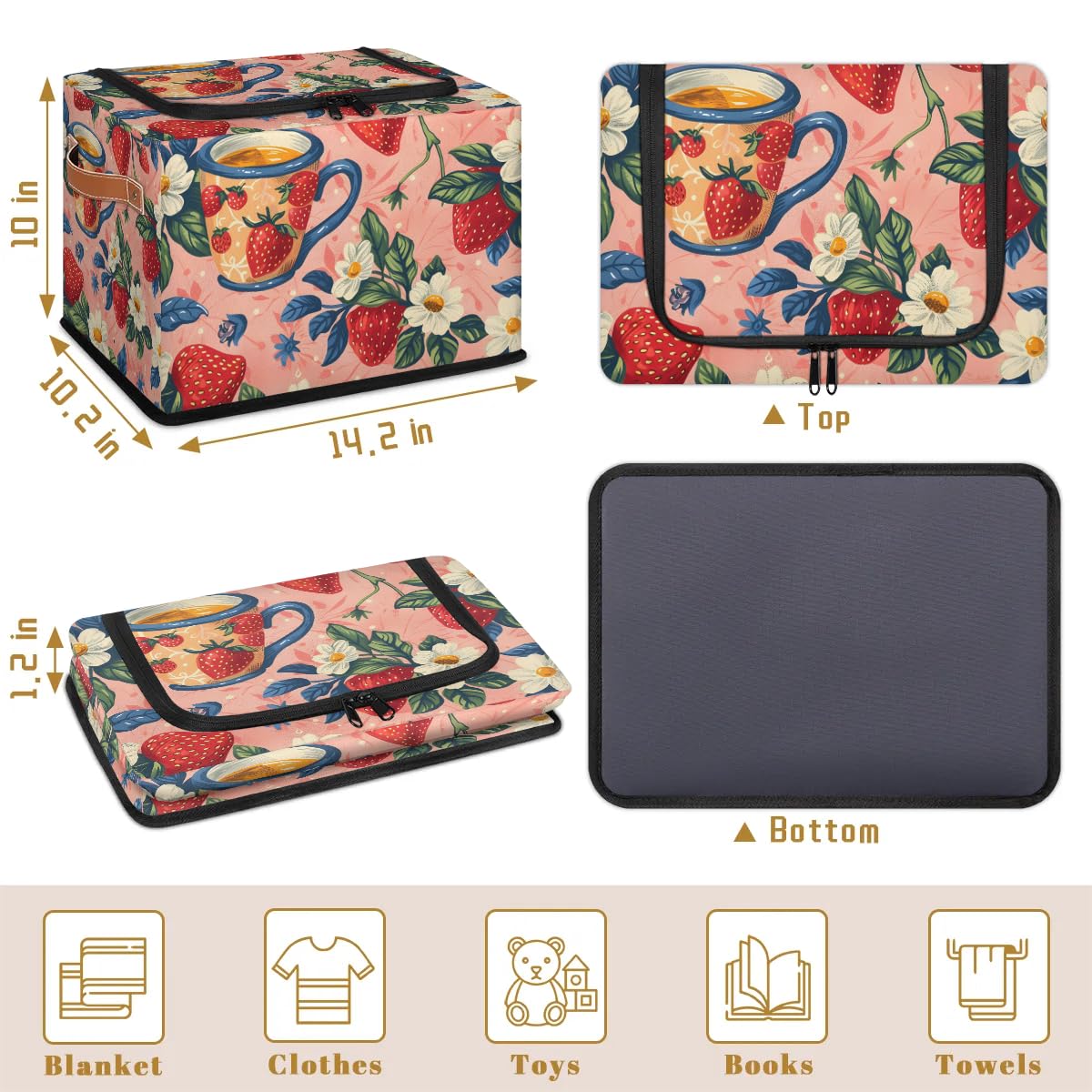 Strawberry Print Storage Bins with Zipper Lid - 2 Pack Stackable Closet Organizer Baskets, Metal Frame Storage Cubes with PU Handles - Perfect for Clothes, Toys, and Home Organization