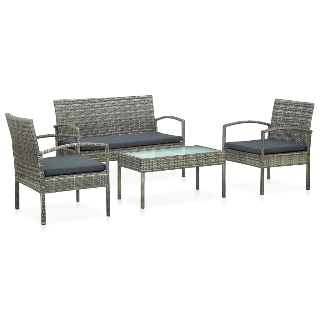 vidaXL 4-Piece Patio Lounge Set - Gray Poly Rattan Outdoor Furniture with Cushions for Garden, Terrace & Backyard Relaxation | Durable Weather-Resistant Wicker Chairs for Poolside Lounging & Outdoor Entertaining