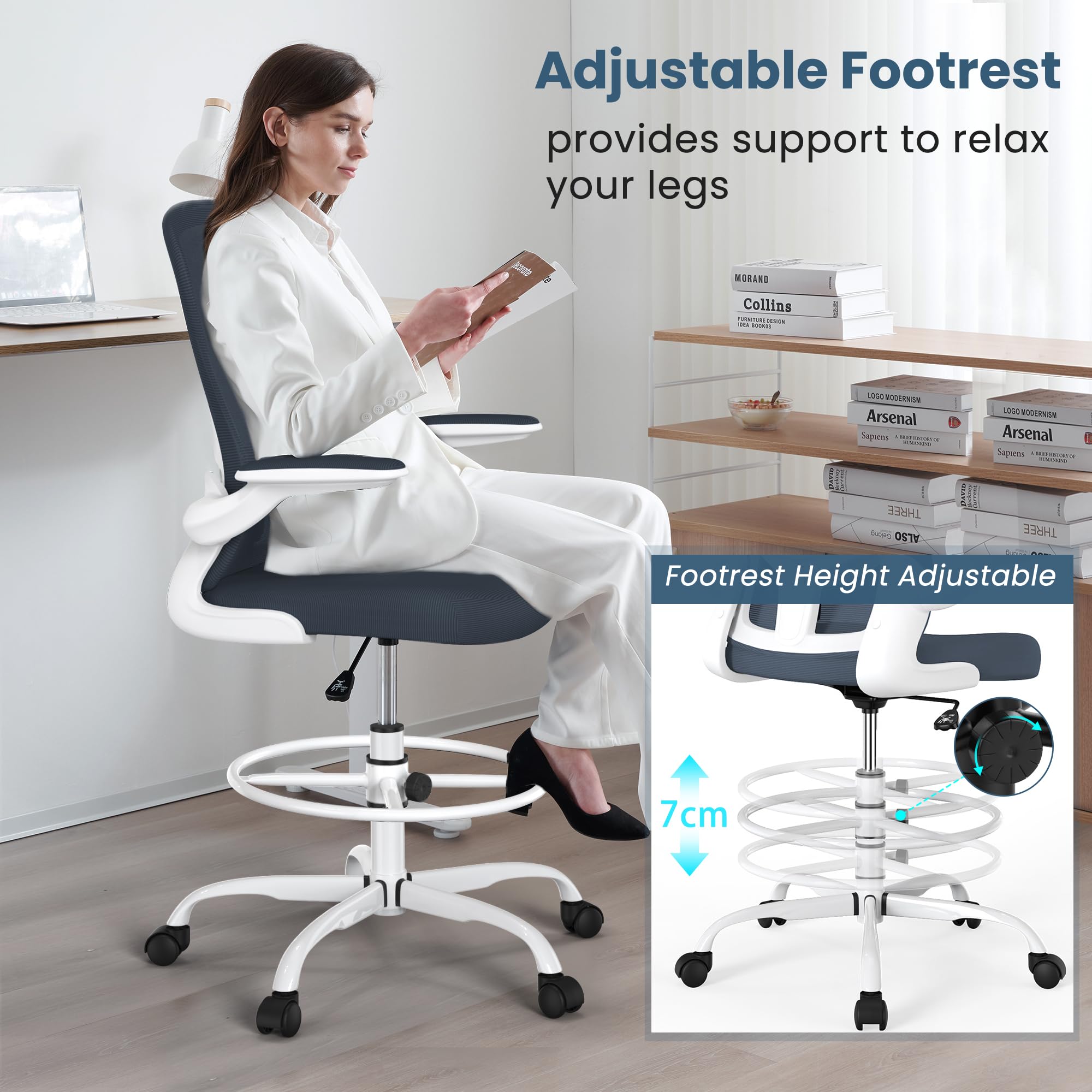 Ergonomic Drafting Chair with Flip-Up Armrests & Adjustable Footrest - Tall Office Chair for Standing Desks - Executive Computer Chair with Lumbar Support - Perfect for Architects, Designers & Home Office Workspaces