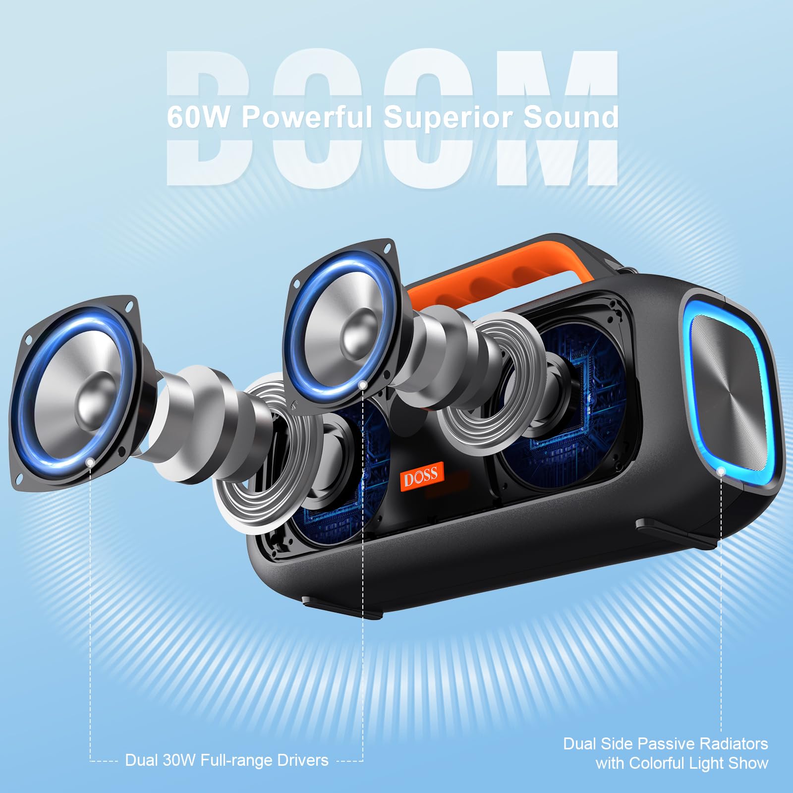 DOSS Extreme Boom S Bluetooth Speaker - 60W Wireless Portable Speaker with Stereo Sound, Rich Bass, IPX6 Waterproof, 25H Playtime, TWS & LED Lights - Perfect for Camping, Beach, Pool Parties & Outdoor Adventures (Orange)