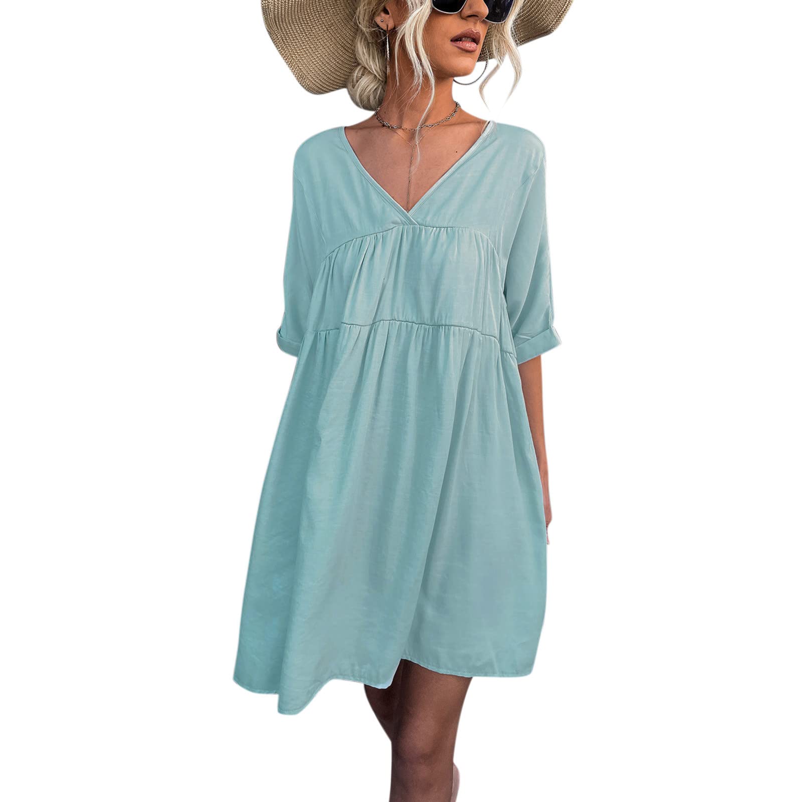 WalGRHFR Women's Summer Dresses 2022 - Half Sleeve V-Neck Mini Swing Dress, Casual Loose Fit for Beach, Party & Everyday Wear