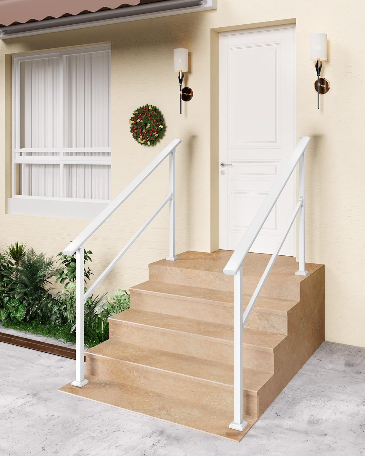 GARVEE 2-3 Step White Metal Handrail - Outdoor Stair Railing for Porch, Concrete Steps, Balcony & Deck | Heavy Duty Ground Mounted | Perfect for Home Safety & ADA Compliance