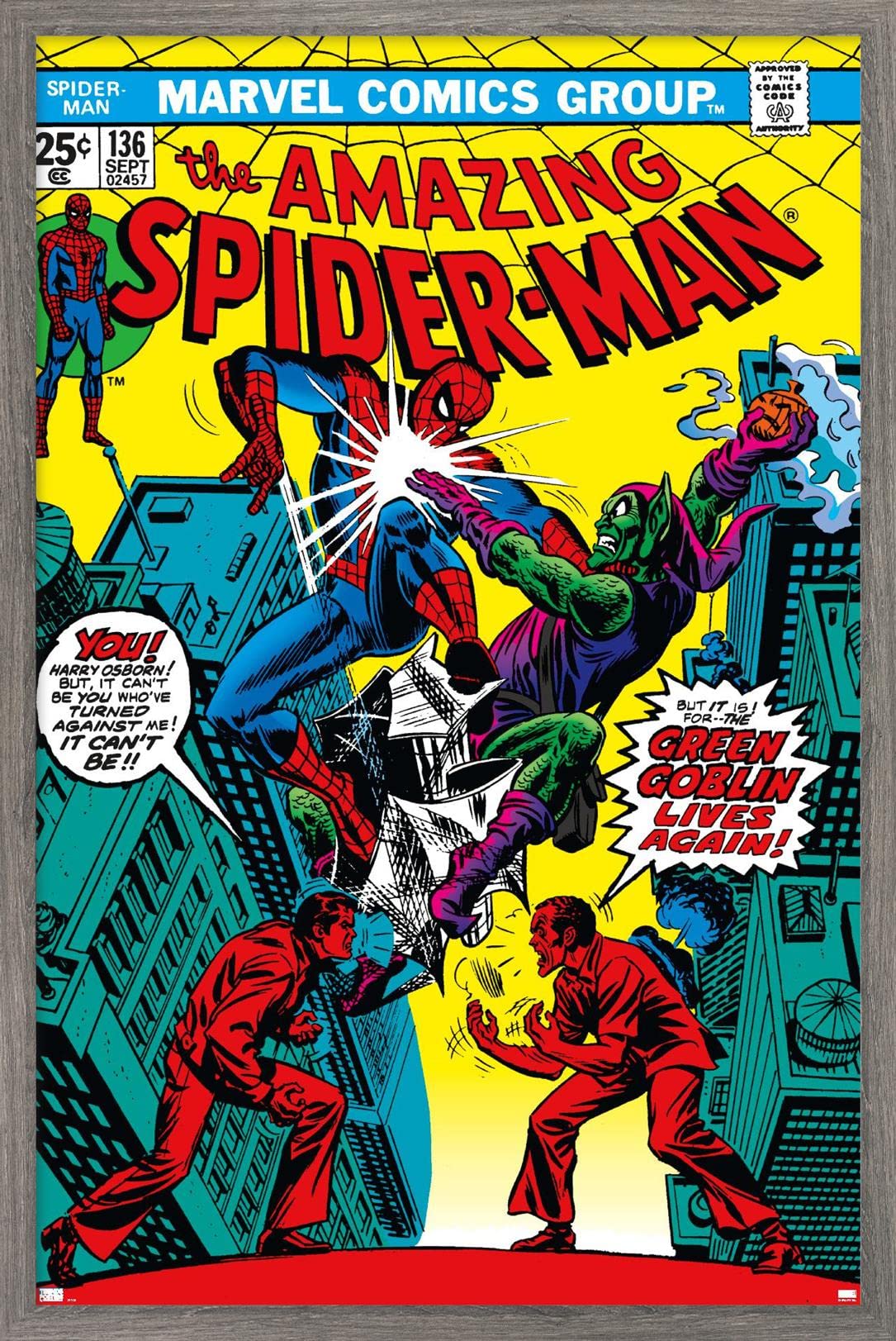 Marvel Comics Green Goblin Wall Poster - The Amazing Spider-Man #136 Framed Art Print, 22.4x14.7 Inches, Barnwood Frame - Perfect for Superhero Bedroom Decor & Comic Book Collector Gifts