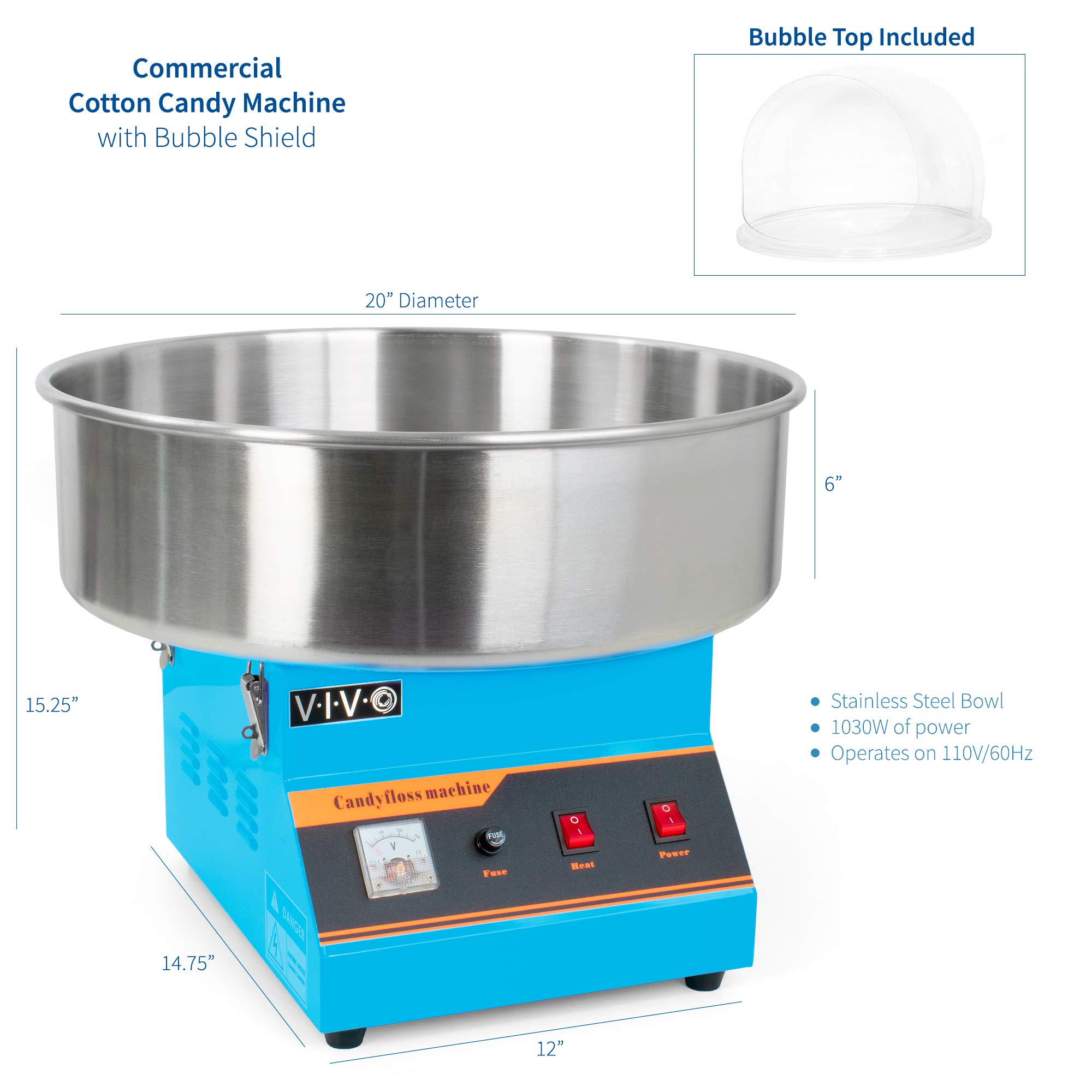 VIVO Blue 1030W Commercial Cotton Candy Machine - 20 Inch Stainless Steel Bowl with Bubble Shield & Sugar Scoop - Easy Home & Party Use for Birthdays, Carnivals, and Events