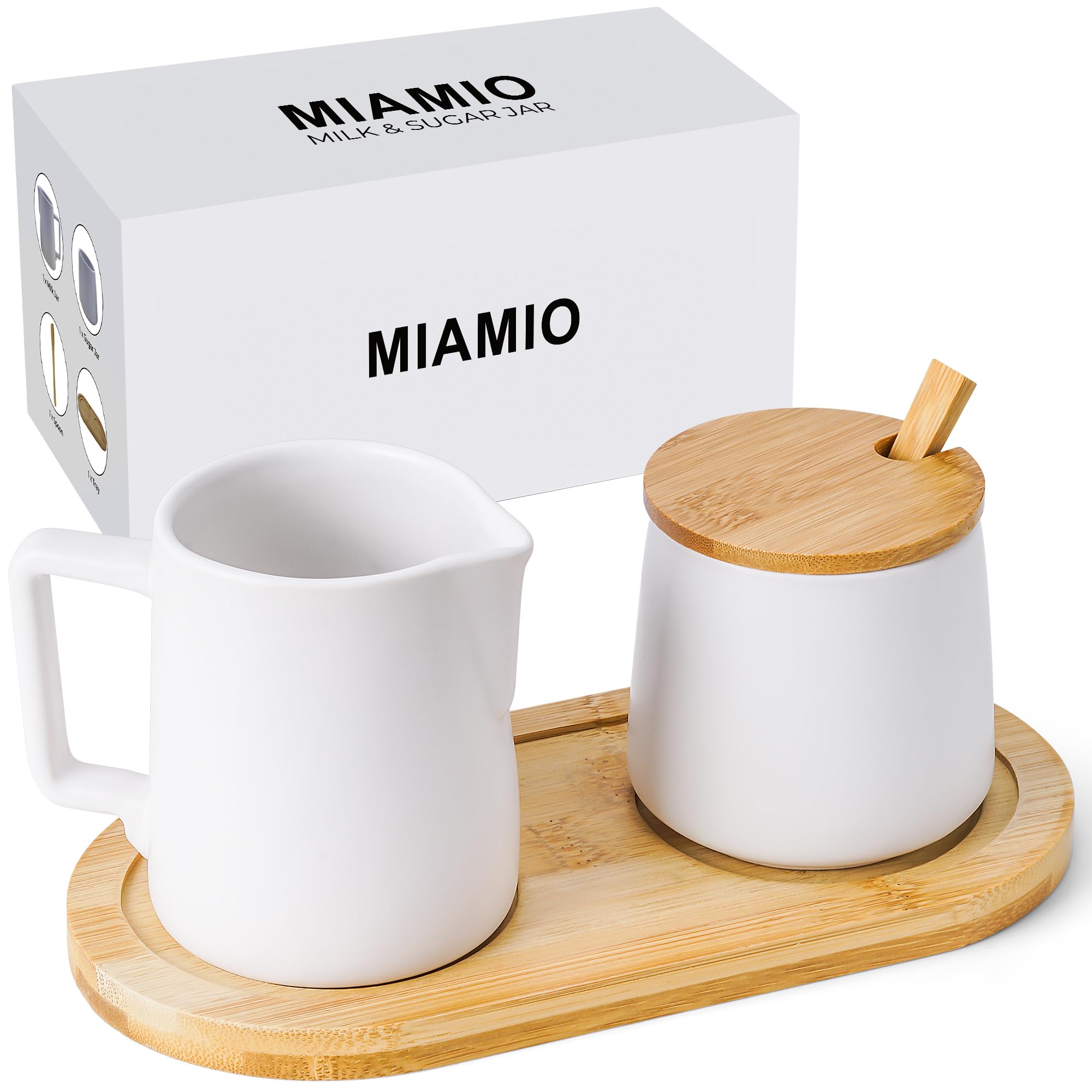 MIAMIO Ceramic Sugar and Creamer Set with Lid & Spoon - Coffee Bar Accessories - Microwave & Dishwasher Safe (White) - Perfect for Coffee Shops, Home Kitchens, and Gift Giving