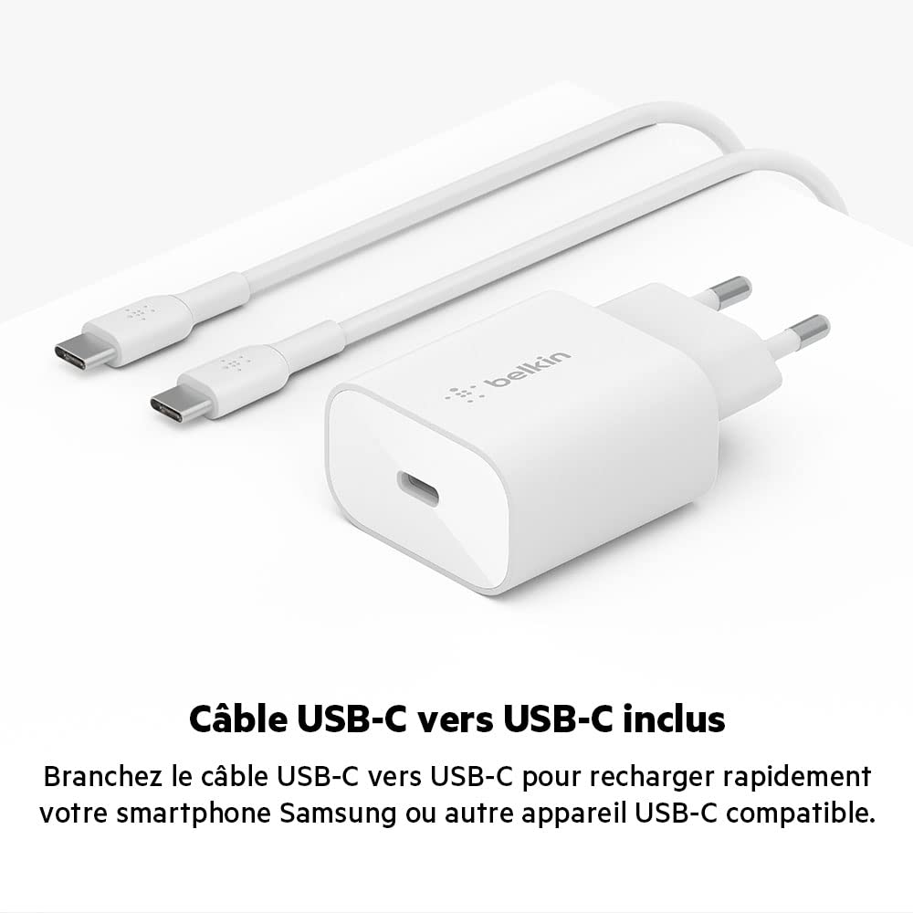 Belkin 25W BoostCharge USB-C Wall Charger with PPS & Power Delivery - Fast Charging for iPhone 16/15/14, Samsung Galaxy S24/S23, iPad, Google Pixel - Includes USB-C to USB-C Cable (Perfect for Travel, Home & Office Use)