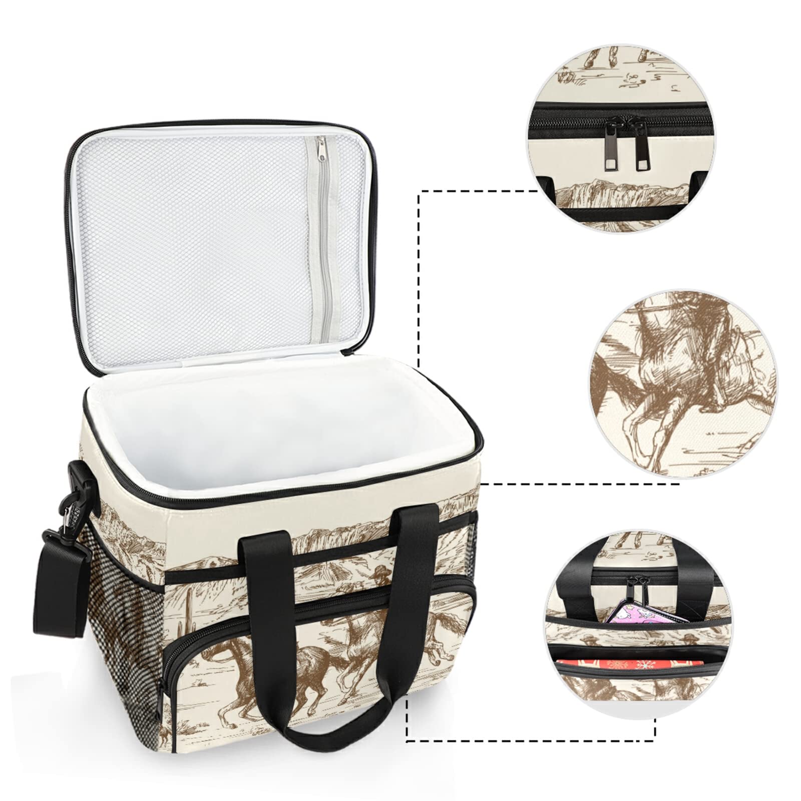Xigua Large Insulated Cooler Bag - 15L (24 Can) Western Desert Cowboy Style Lunch Tote for Outdoor Picnics, Camping, Beach Trips & Grocery Shopping - Leakproof Thermal Food Carrier for Work, School & Travel
