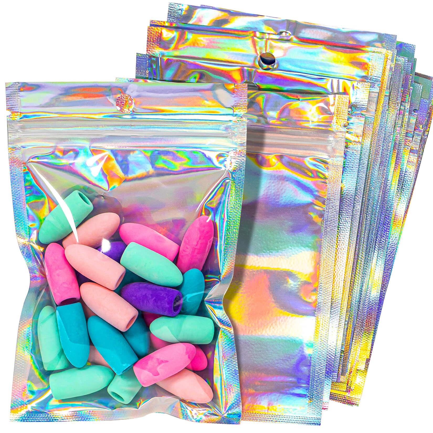 100 PCS Holographic Resealable Bags 4.1 x 5.9 Inches - Small Holographic Jewelry Bags, Nail Sample Bags, Party Favor Pouches for Small Business, Wedding Favors & Retail Packaging - Shiny Foil Pouch for Organizing Crafts, Beads & Small Items
