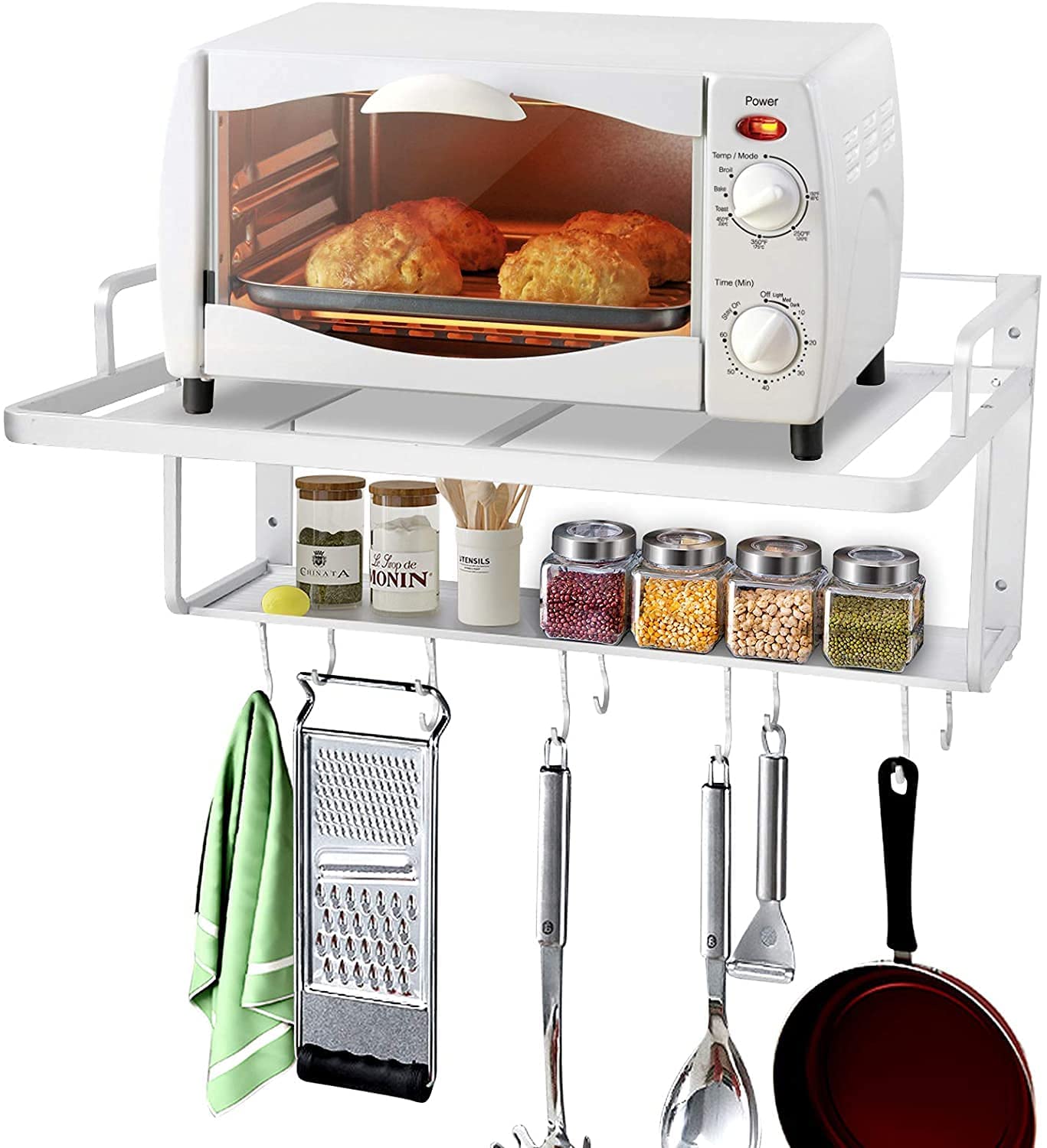 Metal Hanging Microwave Oven Rack Stand - 3-in-1 Wall Mounted Kitchen Storage Shelf Organizer with 10 Hooks for Pans, Pots, Knives & Spoons | Space Saving Solution for Small Kitchens, Apartments & RVs