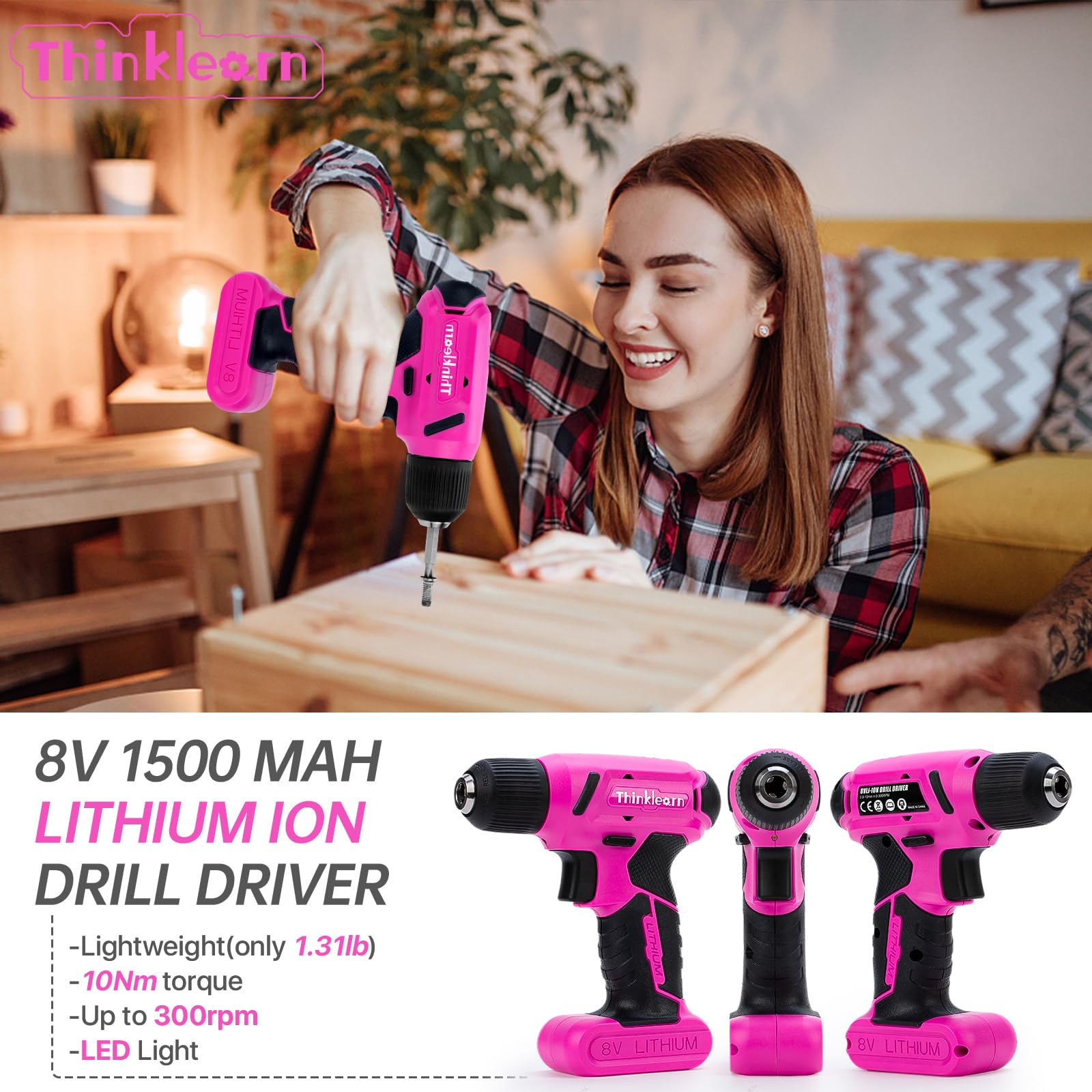 64PCS Pink Tool Set with Cordless Drill - 8V Power Drill & Electric Screwdriver Kit for Women, 3/8