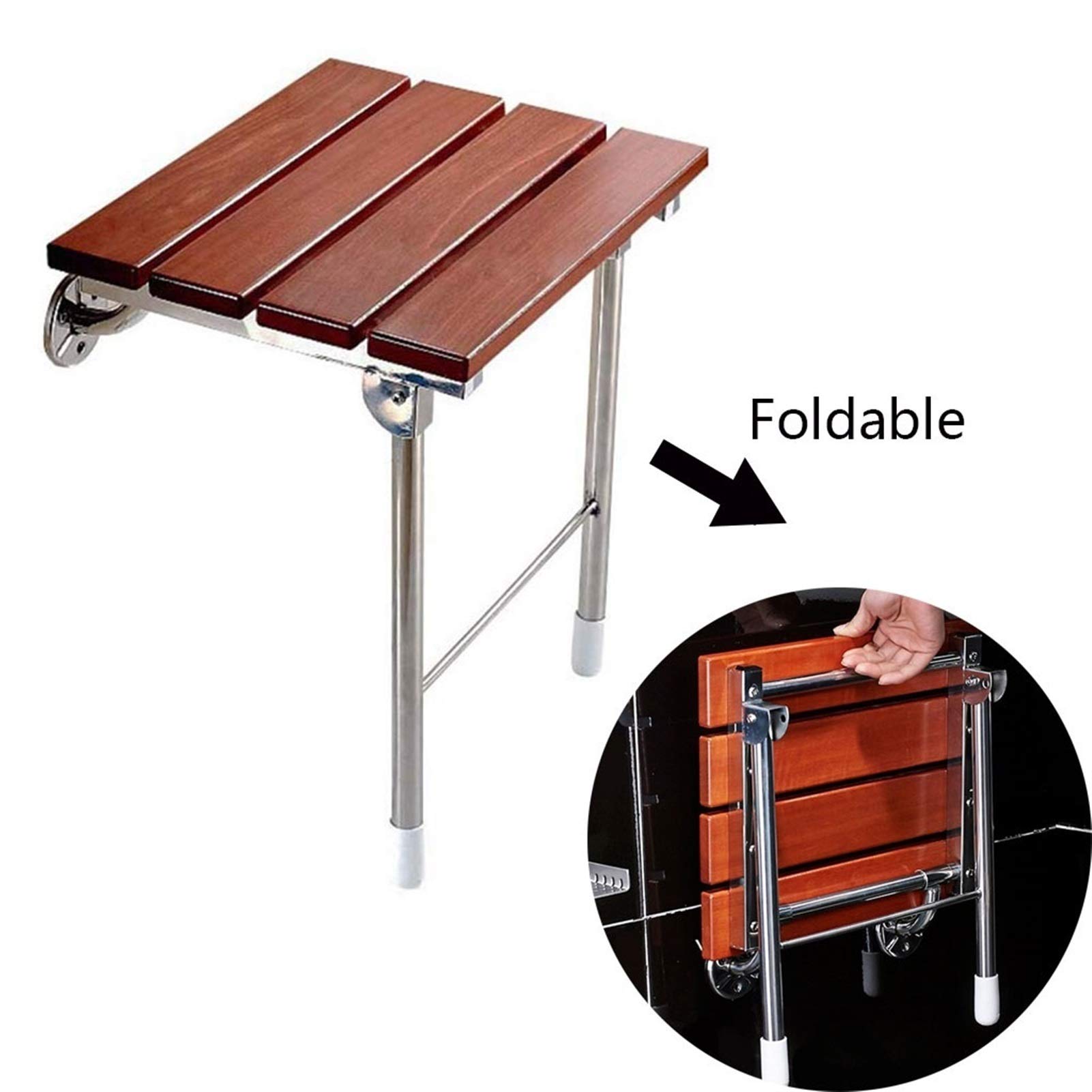 DLT Folding Shower Stool Seat - Wall Mounted Bathroom Safety Chair for Elderly & Disabled, Solid Wood with Steel Support Legs (350 Lbs Capacity), 14.88