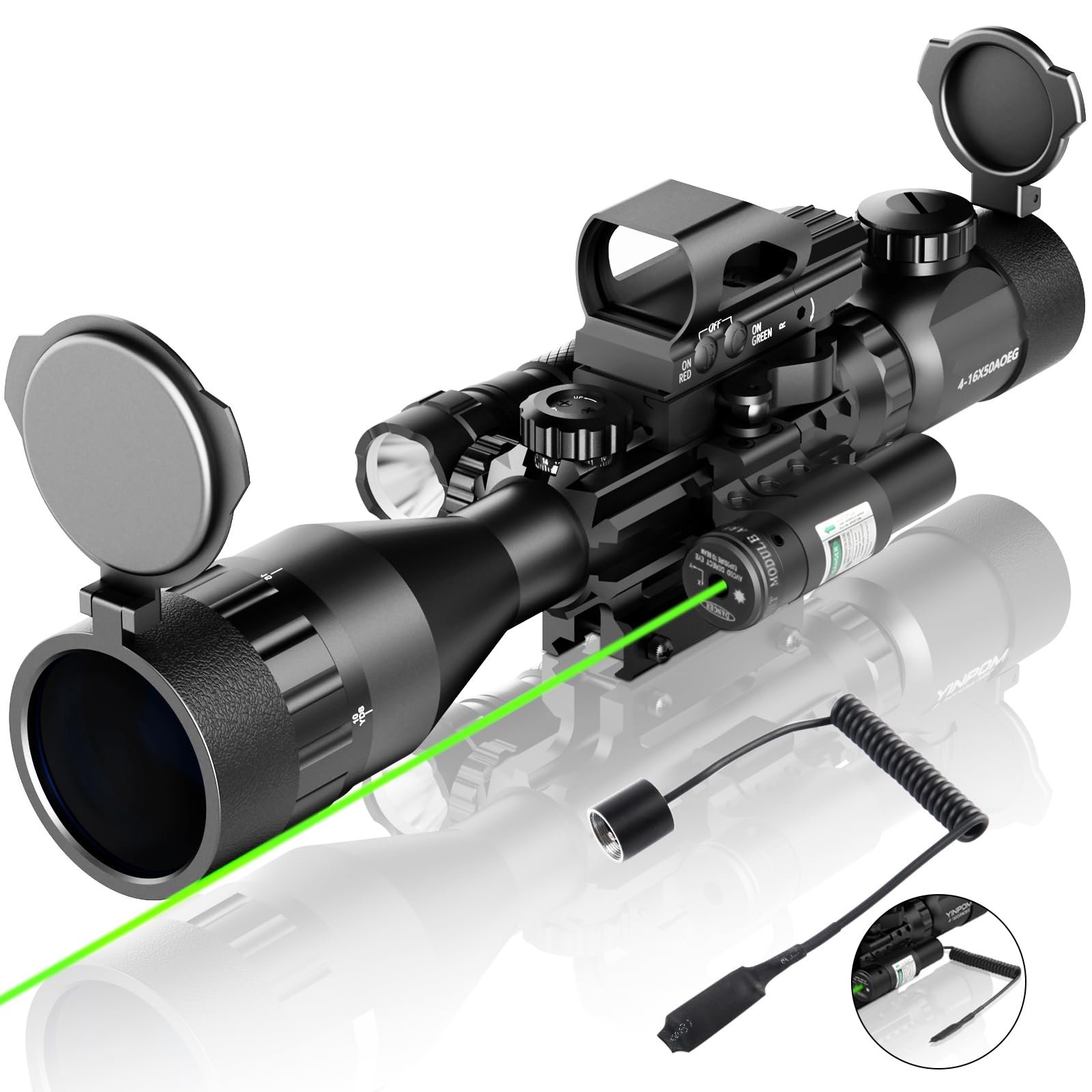 4-16x50AO Rifle Scope with Red/Green Dual Illuminated Reticle | Green Laser Sight | 5-Mode Rail Mount Flashlight | Hunting & Tactical Shooting Accessories | Perfect for Long-Range Target Practice & Outdoor Adventures