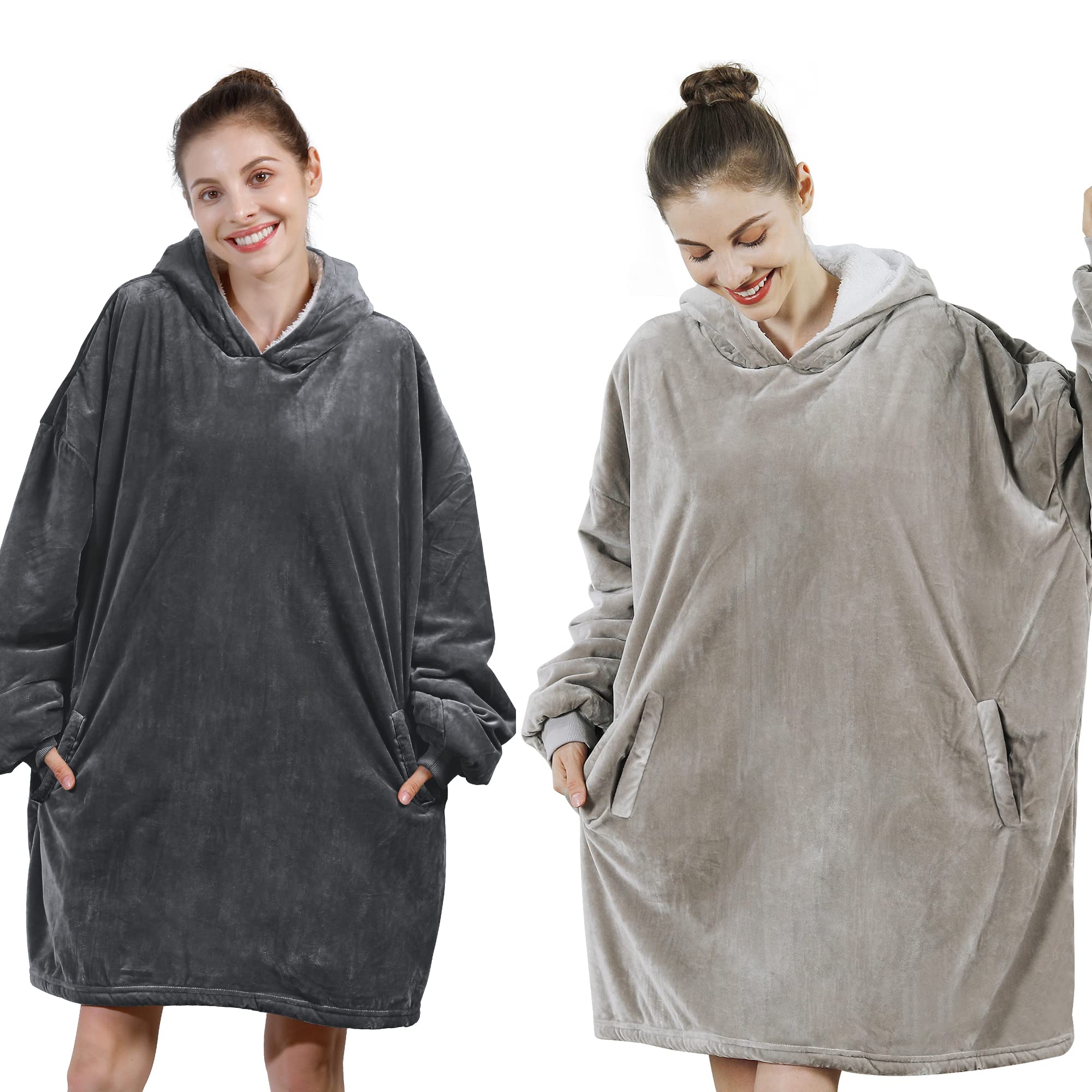 AmyHomie Oversized Sherpa Hooded Sweatshirt Blanket - Fleece Wearable Hoodie with Pocket for Adults, Kids & Teens (2PCS) - Cozy Loungewear for Movie Nights, Camping & Home Relaxation