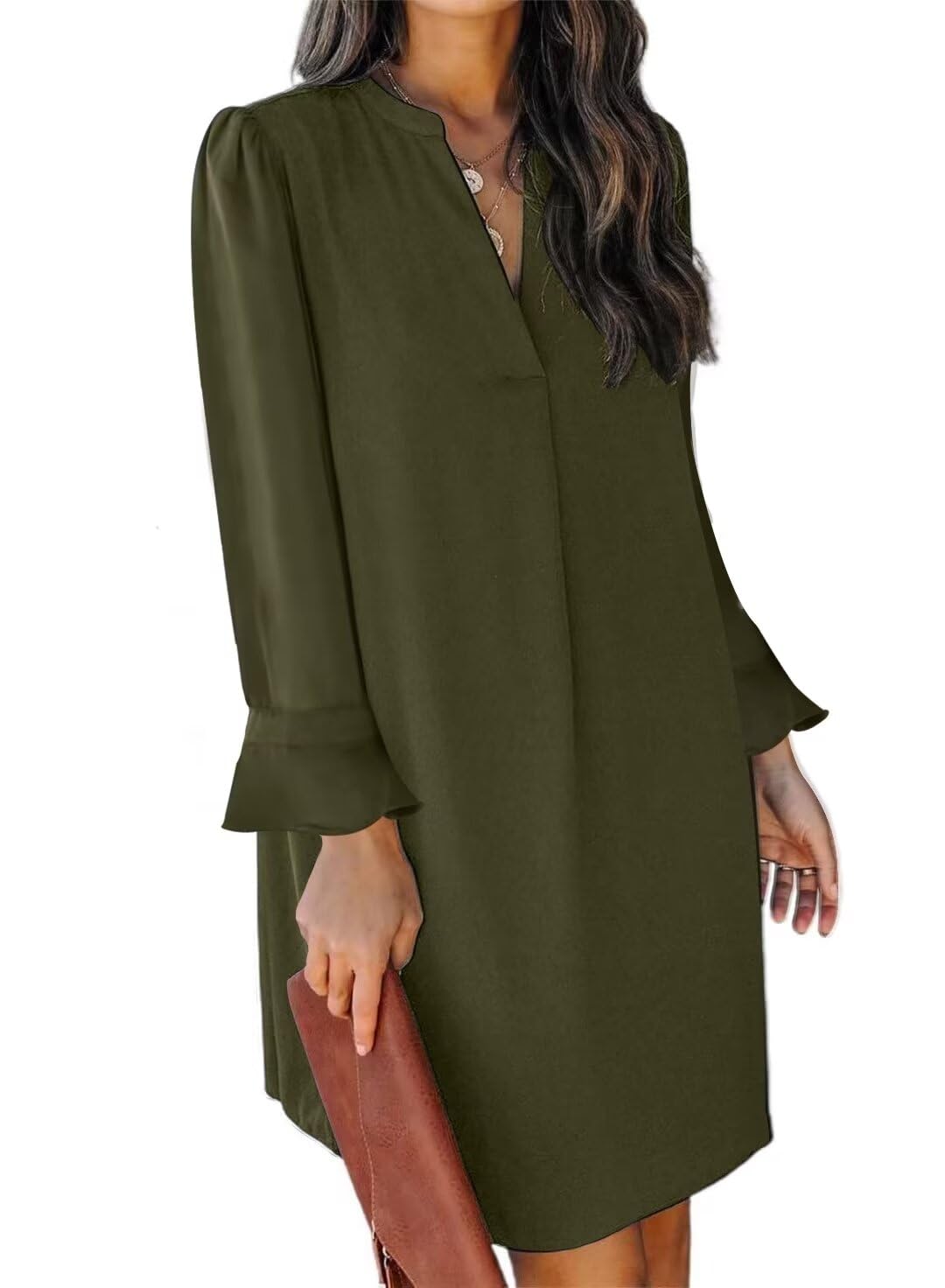 QACOHU Women's V-Neck Ruffle Long Sleeve Shift Dress - Casual Loose Flowy Dress for Spring Summer Autumn Winter 2025 | Perfect for Office, Date Night & Special Occasions