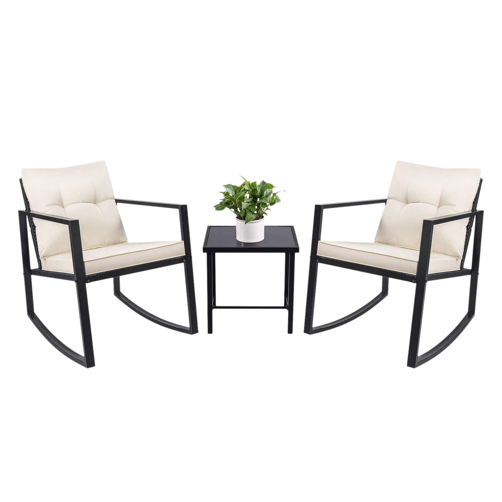 3-Piece Wicker Patio Rocking Chair Set with Cushions - Modern Outdoor Rattan Bistro Table & Chairs for Garden, Balcony, Porch - White Patio Furniture for Relaxing & Entertaining