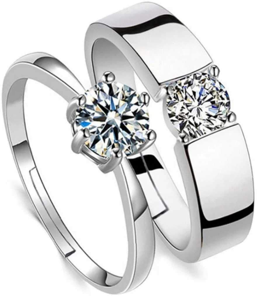 MEENAZ Couple Rings Set for Women & Men - CZ Solitaire Engagement Rings, American Diamond Heart Love Bands, Adjustable Valentine's Day Gift for Girlfriend/Boyfriend (Silver, Platinum Finish) - Perfect for Proposals, Anniversaries & Romantic Occasions