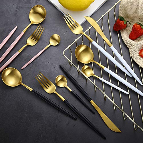 16-Piece Gold Plated Stainless Steel Silverware Set - 18/10 Dinner Knife & Fork Cutlery Set for Travel, Camping & Picnics - Elegant Red Tableware by ZZYY - Perfect for Outdoor Dining, Parties & Gifts