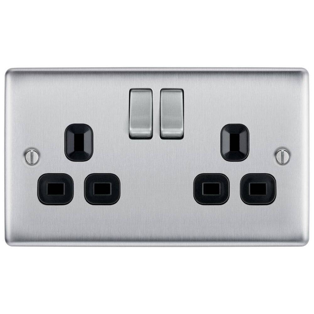 BG Nexus 13A Double Socket NBS22B - Brushed Steel Electrical Outlet for Home & Office | Wall Socket with Metal Finish for Living Room, Bedroom, and Workspace