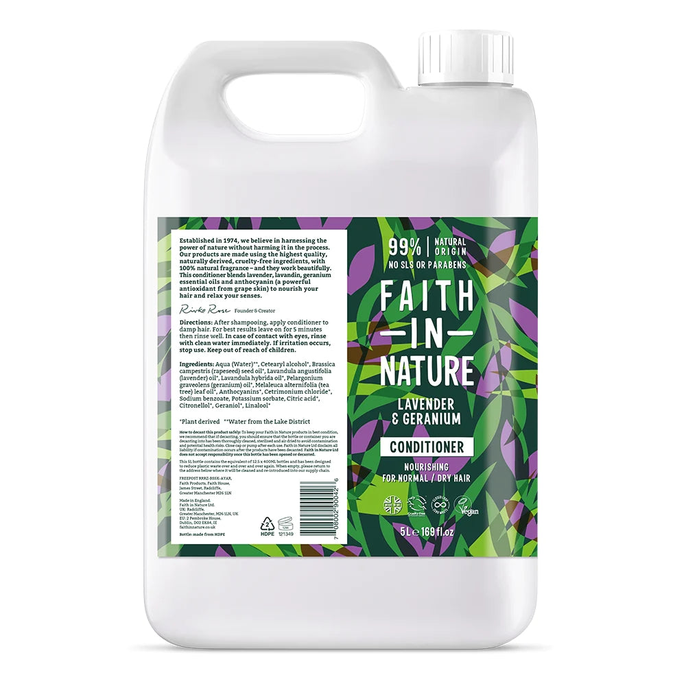 Faith In Nature Lavender & Geranium Conditioner Refill - 5L Natural Hair Care for Dry & Damaged Hair - Vegan & Cruelty-Free - Perfect for Salons & Eco-Conscious Homes