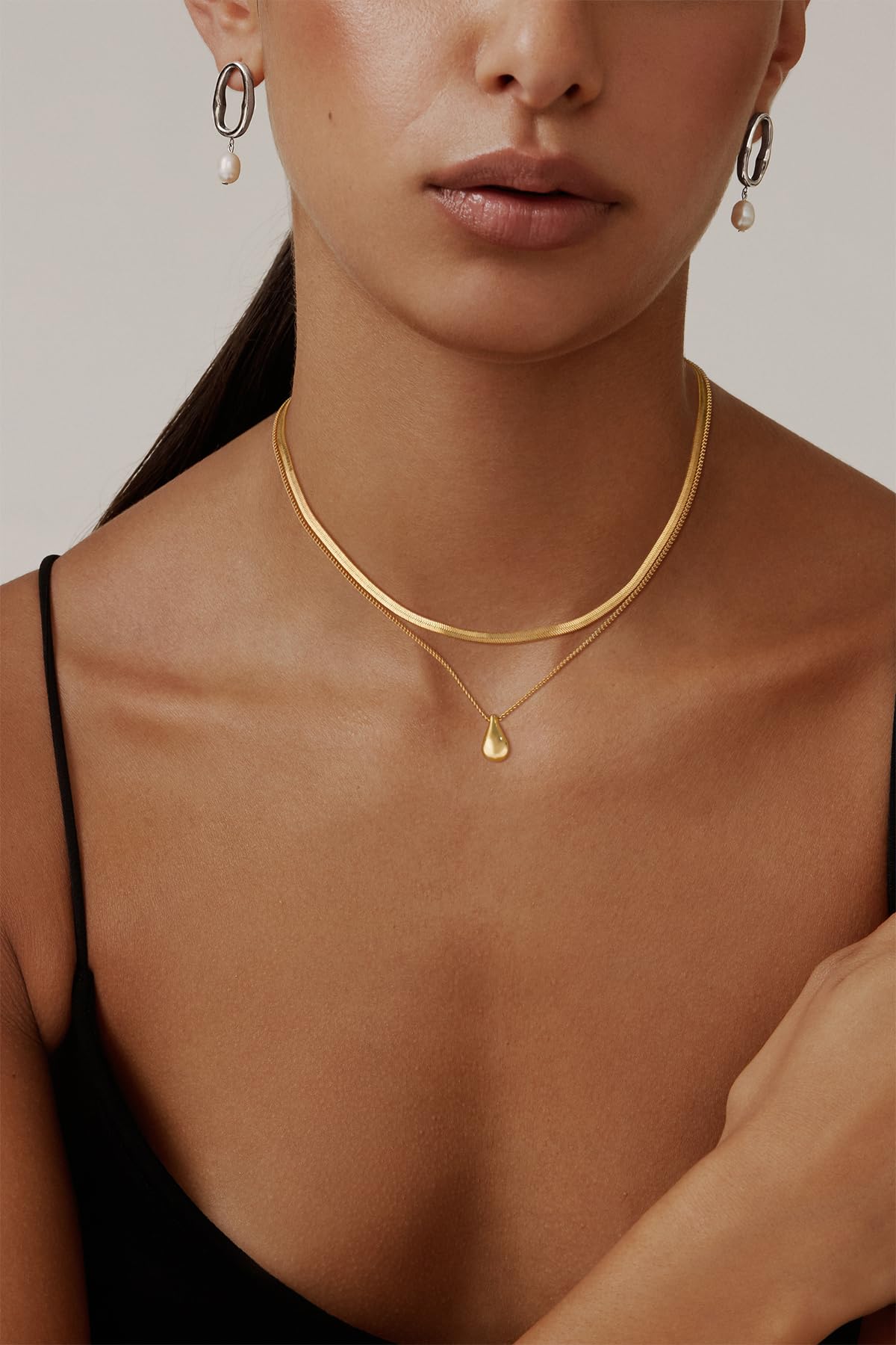 Trendy 14K Gold Plated & Silver Layered Necklaces for Women - Stackable Dainty Choker with Drop Pendant & Herringbone Necklace Set | Perfect for Layering, Everyday Wear, Date Nights & Gift Giving