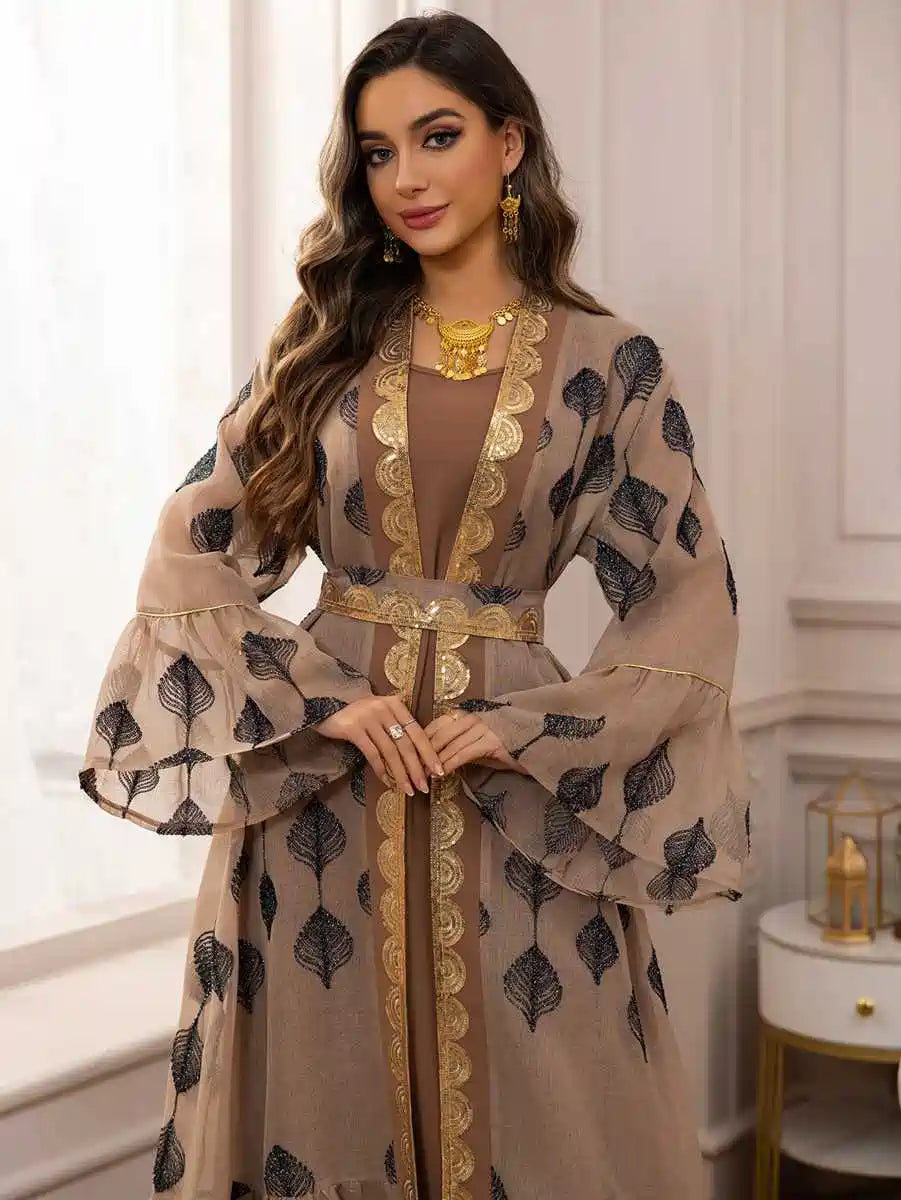 Elegant 2-Piece Eid Dress Set - Embroidered Caftan Kaftan with Sleeveless Inner Dress #25469 | Perfect for Eid Celebrations, Weddings & Special Occasions