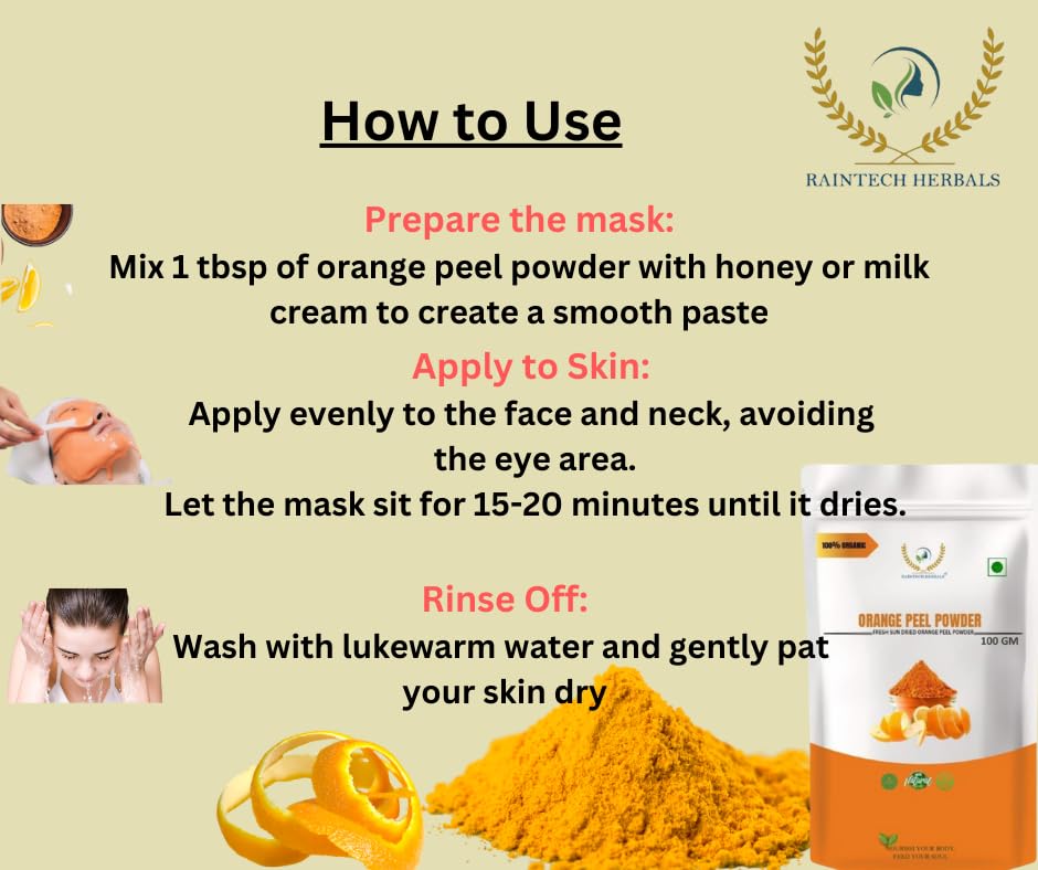 Organic Orange Peel Powder 100g - Pure Natural Vitamin C Rich Face Mask for Skin Brightening & Anti-Aging | Cruelty-Free Vegan Skincare | Perfect for DIY Face Packs, Scrubs & Glow Treatments
