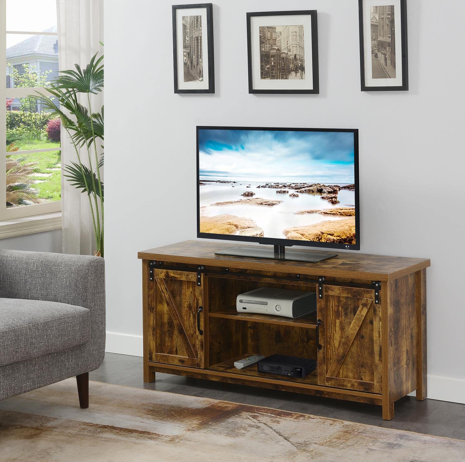 Blake Barn Door TV Stand with Shelves & Sliding Cabinets for 60 Inch TVs - Rustic Barnwood Entertainment Center for Living Room, Bedroom, Home Theater