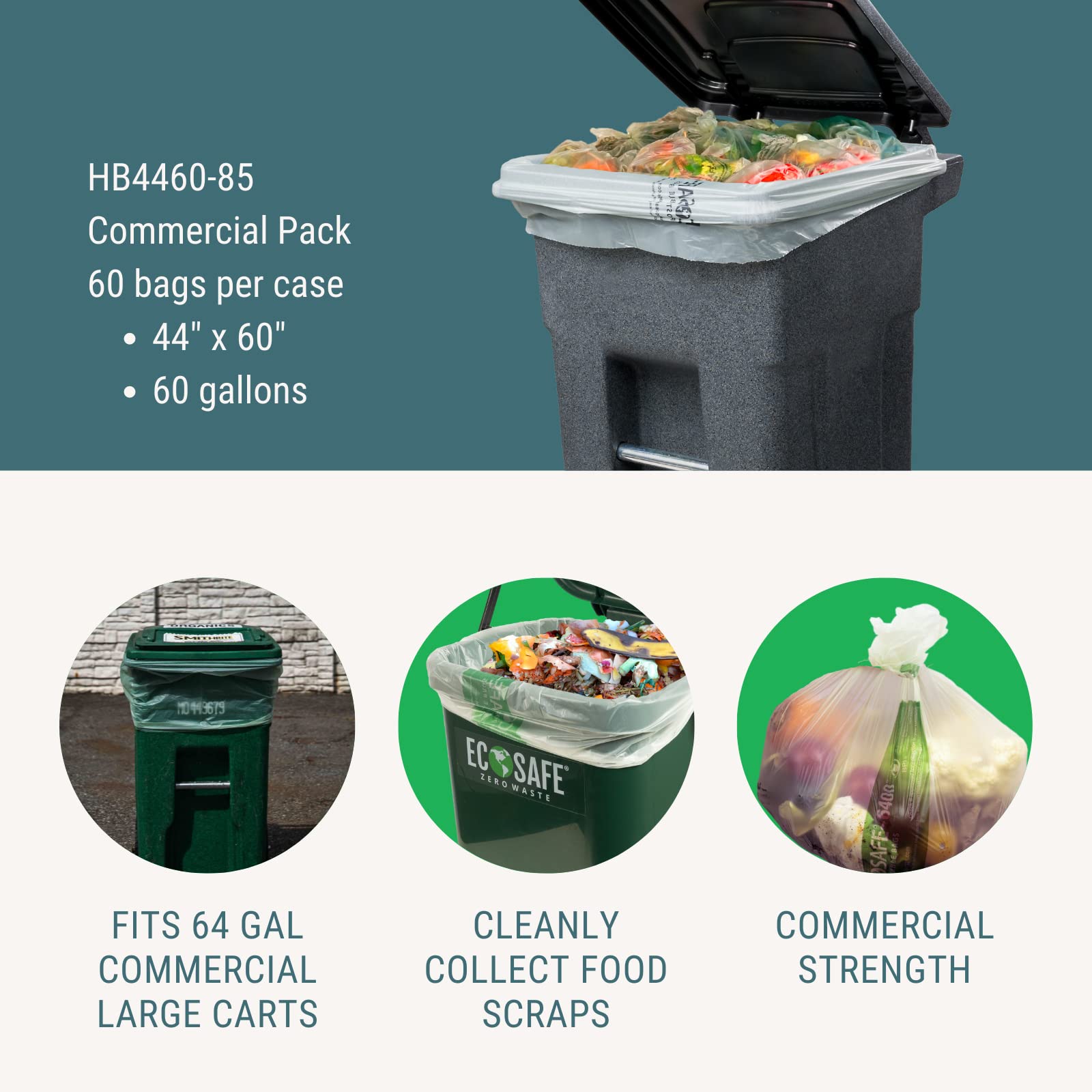 EcoSafe-6400 HB4460-85 Certified Compostable Trash Bags - 44x60 Inch Heavy Duty Green Compost Bags for 60 Gallon Bin - Extra Strong Leak Proof, Puncture & Tear Resistant Food Waste Bags (Pack of 60) - Perfect for Kitchen Composting, Yard Waste & Eco-Friendly Disposal