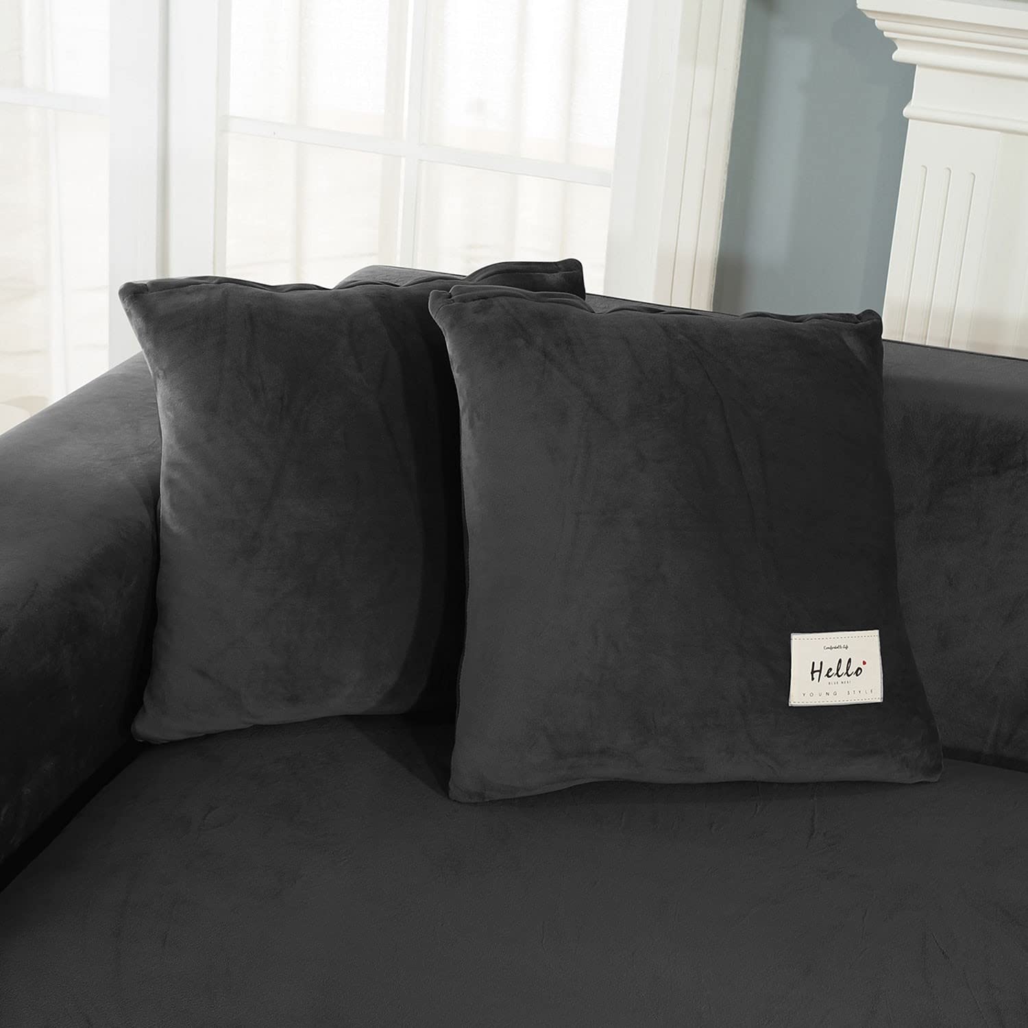 Stretchable L-Shaped Sofa Slipcover for Sectional Couch - 3+5 Seat Furniture Protector Cover for Pets, Kids & Living Room (Black) | Perfect for Pet Owners, Families & Home Decor