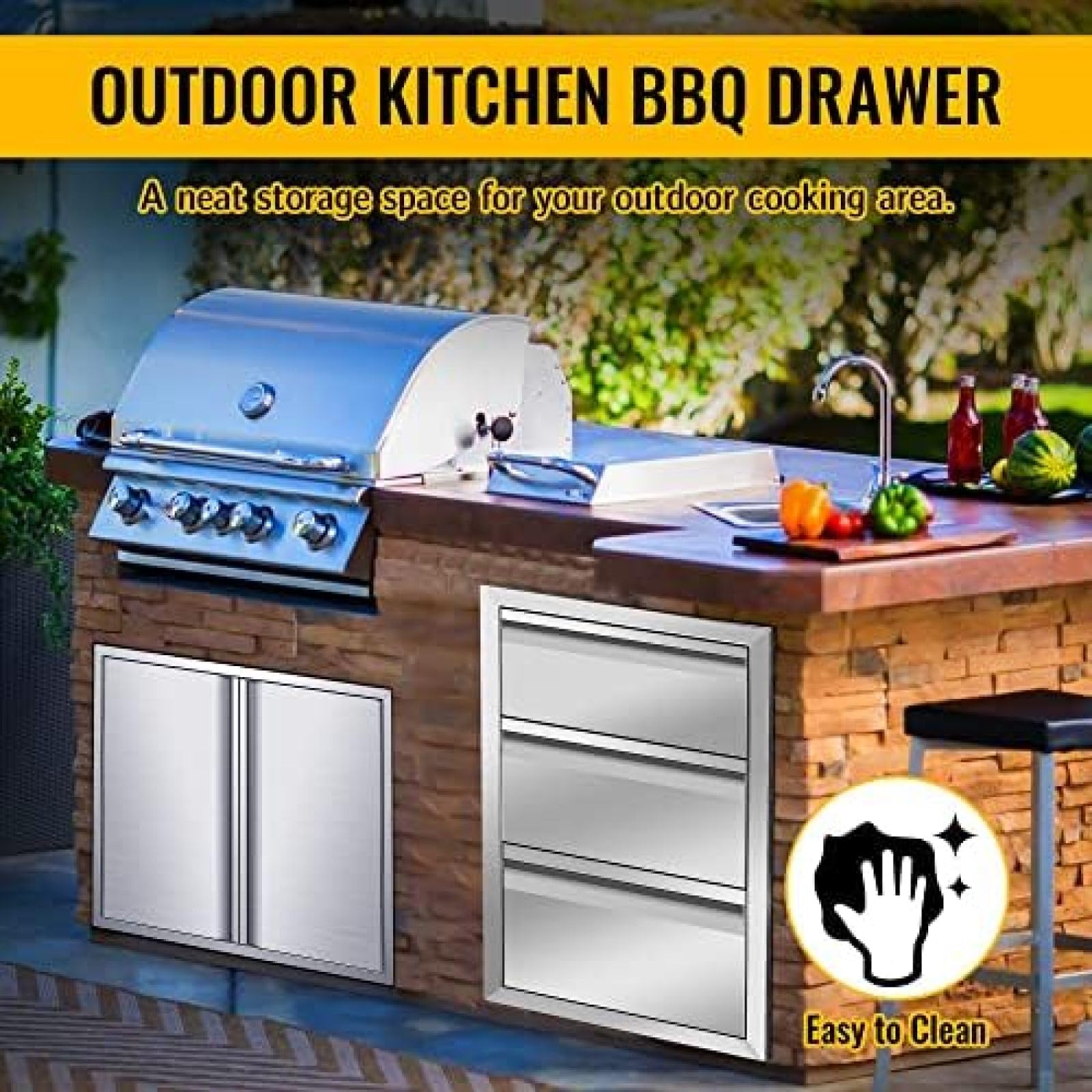 Stainless Steel Outdoor Kitchen Drawers - Triple Access Combo Flush Mount Island Drawers (16W x 21H x 23D Inch) - Perfect for BBQ Islands, Patio Cabinets & Outdoor Cooking Stations