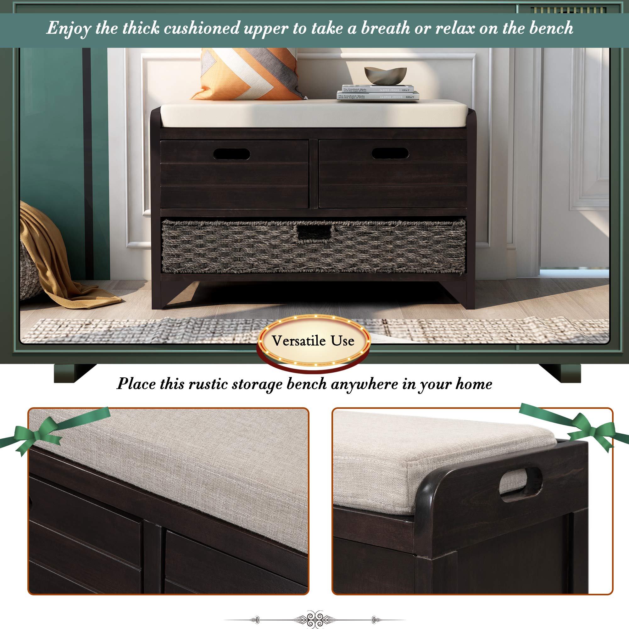 P PURLOVE Entryway Bench with 2 Drawers & Removable Basket - Shoe Storage Bench with Cushion for Hallway, Living Room, Bedroom - Fully Assembled Espresso Wooden Bench - Perfect for Organizing Shoes, Coats & Home Decor