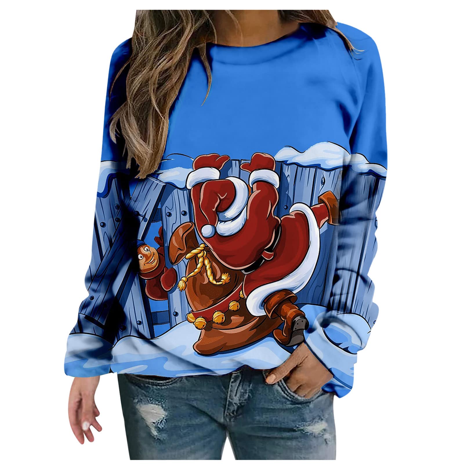 FMCHICO Women's Christmas Graphic Long Sleeve T-Shirt - Cute Holiday Printed Pullover Sweatshirt, Loose Fit Crewneck Casual Top for Winter, Christmas Party & Family Gatherings (Cozy & Comfortable)