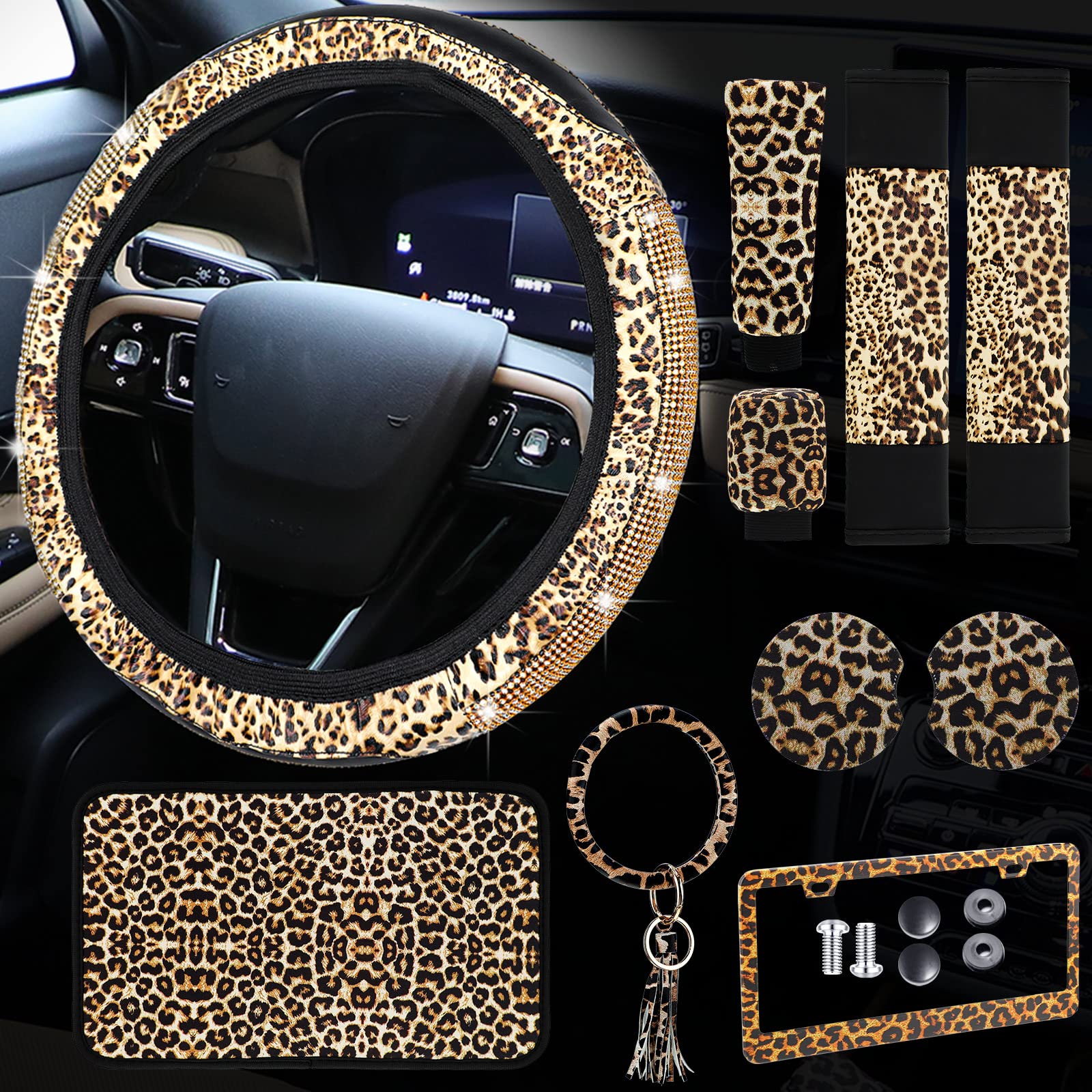 Tallew 10-Piece Leopard Print Car Accessories Set - Cheetah Print Steering Wheel Cover, Seat Belt Pads, License Plate Frame, Armrest Covers & Cup Holders for SUV, Truck - Stylish & Durable Interior Upgrade for Women & Men