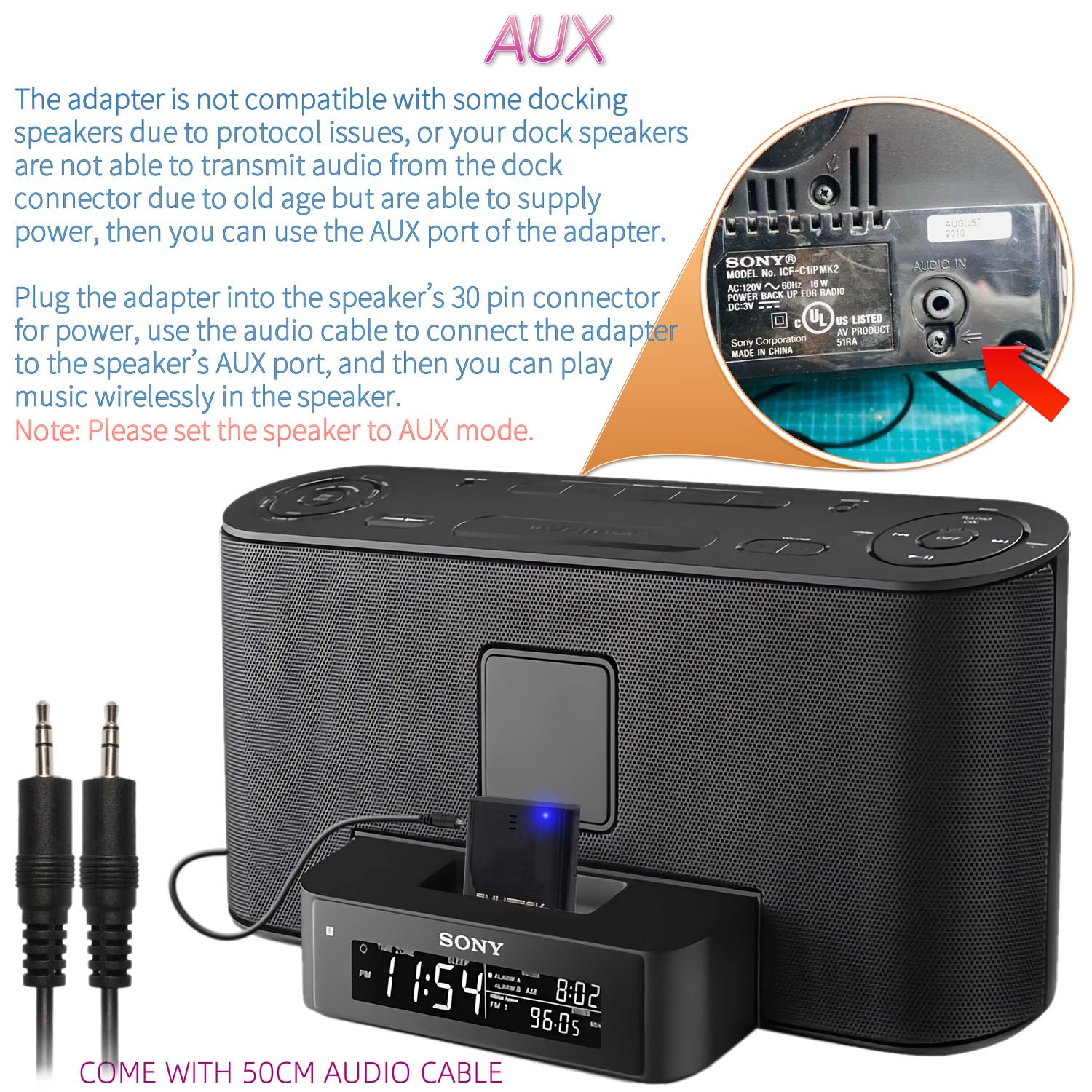 30 Pin Bluetooth 5.0 Stereo Adapter for Bose SoundDock & 30-Pin Speakers, 3.5mm AUX Cable, Wireless Audio Receiver for iPhone iPod iPad, Perfect for Home & Office Music Docking Stations