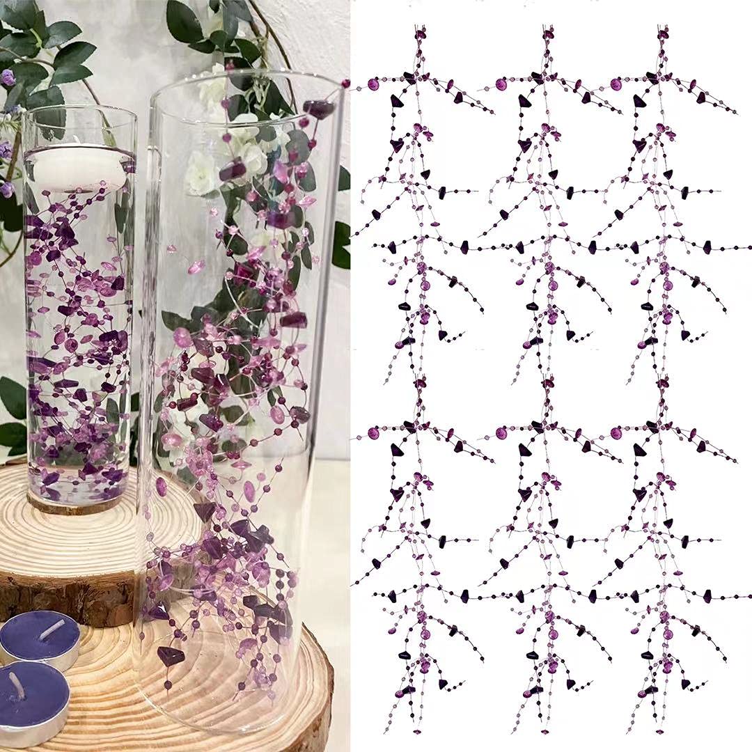 12pcs Purple Crystal String Beads - Elegant Floating Candle Centerpiece Decor, Crystal Bead Filler for Wedding, Birthday Party, Table Decorations | Perfect for DIY Home Decor, Vase Fillers, and Event Centerpieces