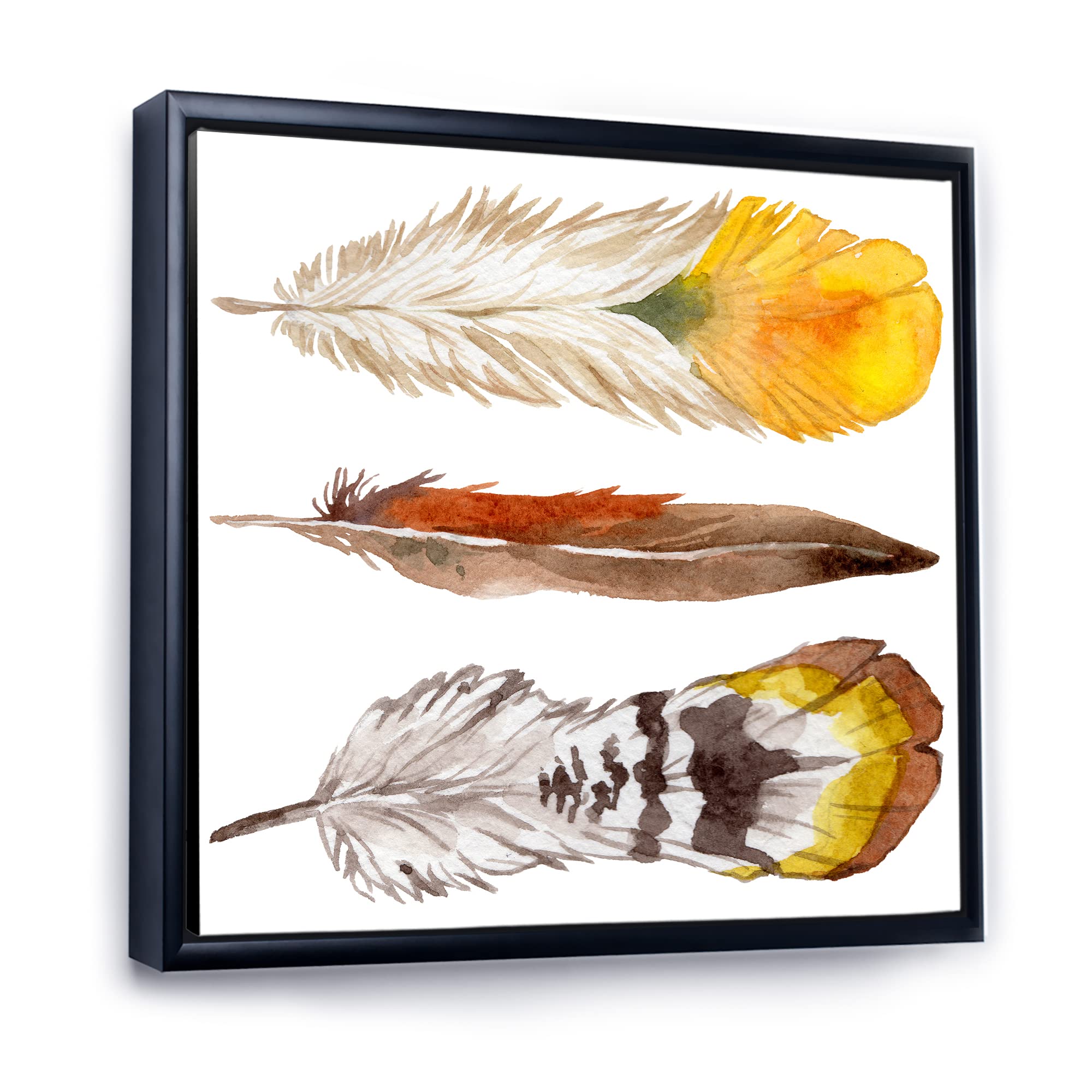 Bohemian Ethnic Yellow Feather Wall Art - Framed Canvas Print for Eclectic Home Decor | Perfect for Living Room, Bedroom & Boho Style Interiors