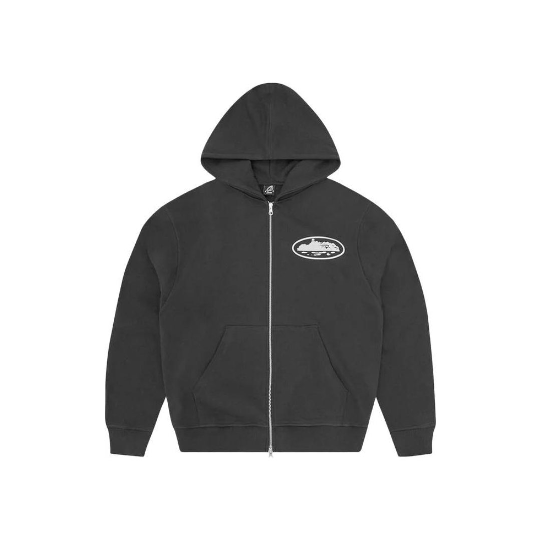 Corteiz Island Puff Print Zip Hoodie - Washed Black | 2024 Trendy Streetwear | Perfect for Casual Outfits & Urban Fashion