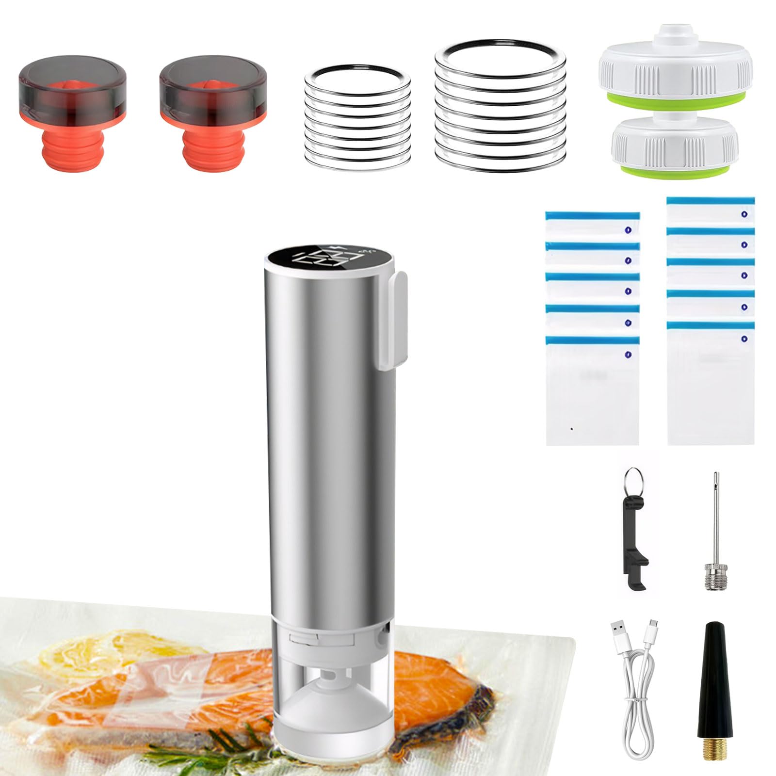 CJC Portable 4-in-1 Cordless Handheld Vacuum Sealer for Food Storage - 60Kpa Strong Suction, 1800mAh Rechargeable Battery, 35 Min Runtime - Electric Mason Jar & Food Sealer with 10 Reusable Bags - Perfect for Kitchen, Camping, Meal Prep & Sous Vide Cooking