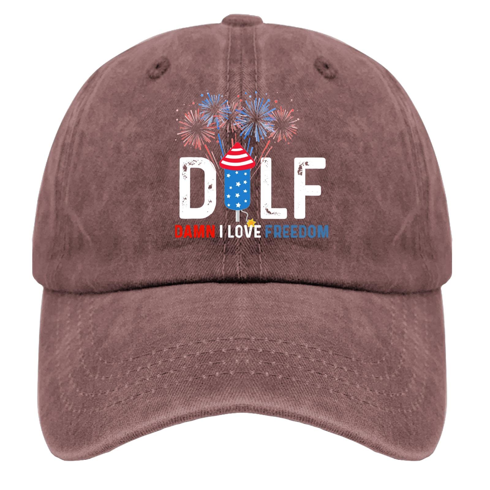 Adjustable Baseball Cap for Men - Patriotic July 4th Hat with 'DILF Damn I Love Freedom' Design in Wine Red | Perfect for Outdoor Sports, Casual Wear & Independence Day Celebrations