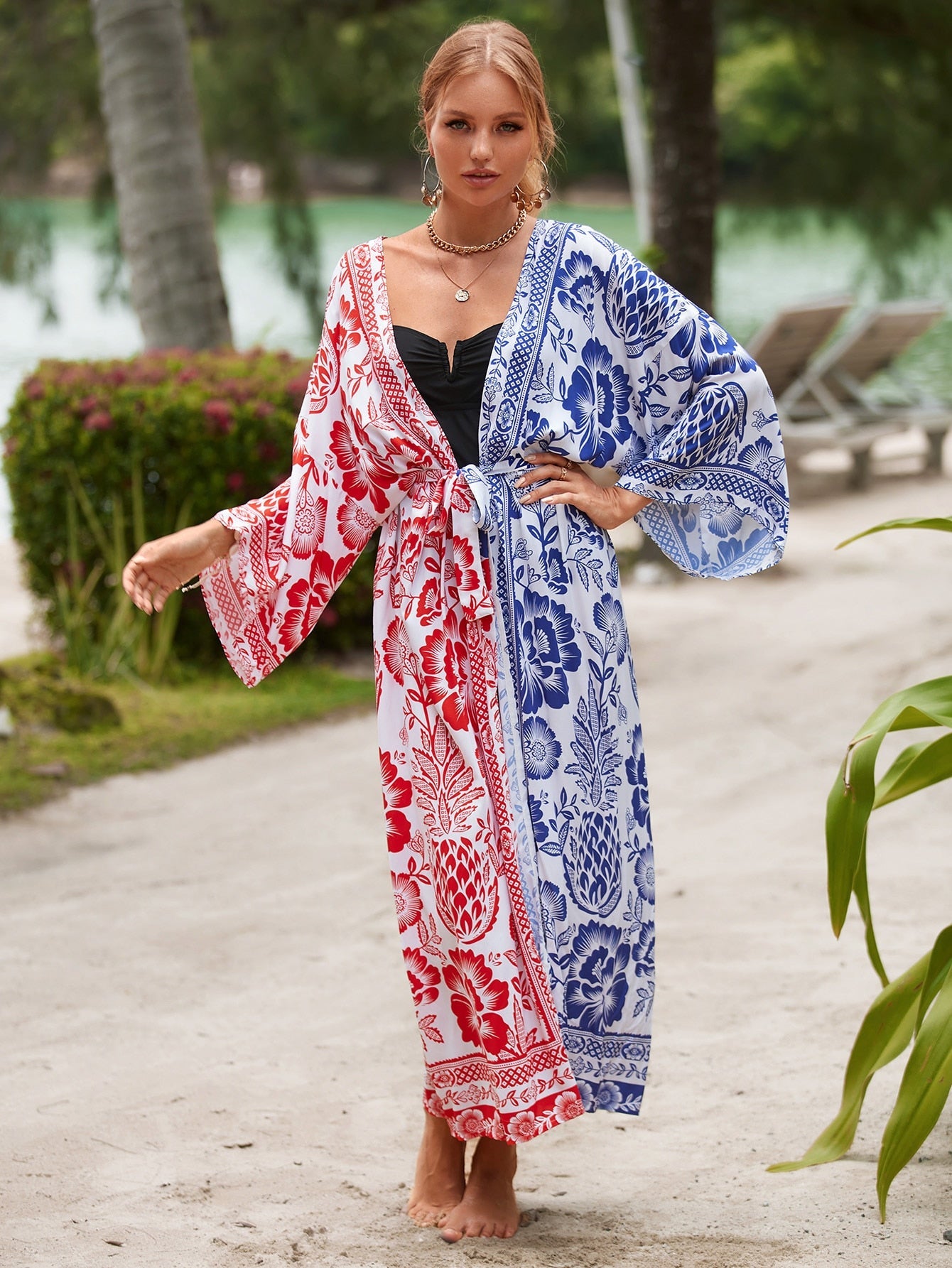 African Print Beach Kimono Cover Up - Self Belted Tunic Pareo Wrap Dress for Swimwear | Summer Vacation, Pool Party & Boho Outfit