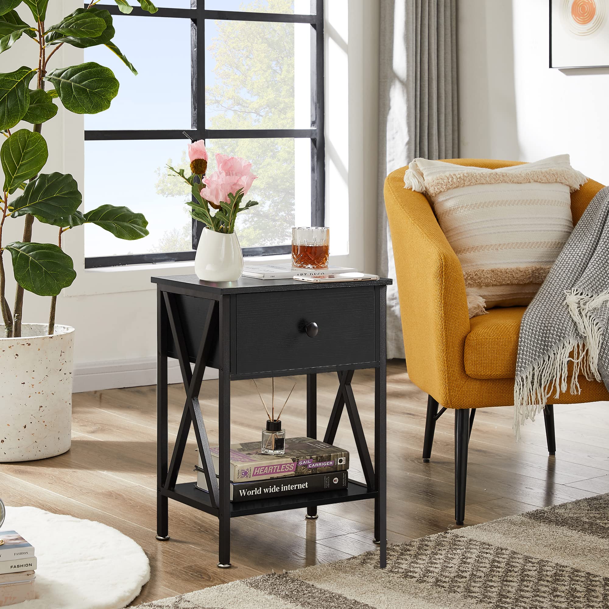 VECELO Nightstands Set of 2 - Modern Bedside End Tables with Drawer & Storage Shelf, Industrial Metal Frame Night Stands for Bedroom & Living Room - Perfect for Small Spaces, Apartment Furniture & Home Decor