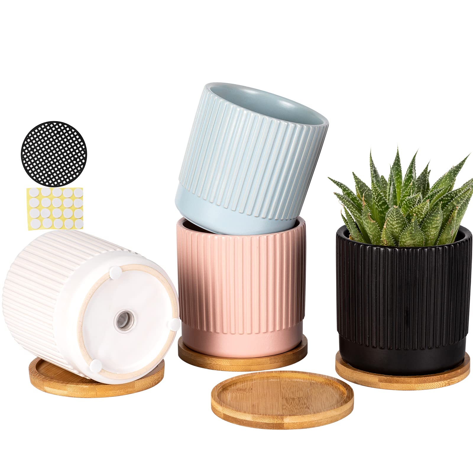 4.25 Inch Ceramic Flower Pots with Drainage Holes & Saucers - Small Indoor Planters for Succulents, Cactus, Herbs - Multi-Color Striped Home Decor (4 Pack, Plants Not Included) - Perfect for Windowsills, Office Desks & Kitchen Herb Gardens