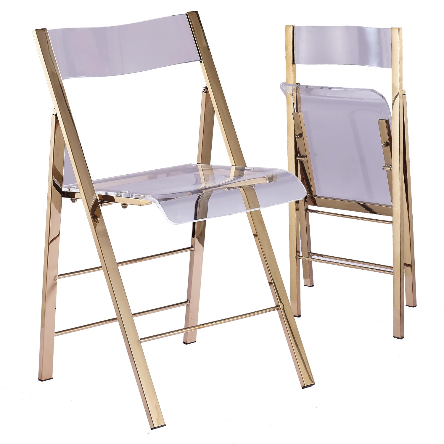 Kasper Flex Modern Acrylic Folding Chairs – Clear Transparent Lucite Chair with Chrome Steel Frame for Dining Room, Office, Patio, Wedding & Events – Space Saving Foldable Design – Gold Finish (Set of 1) – Perfect for Small Spaces, Home Decor & Party Seating