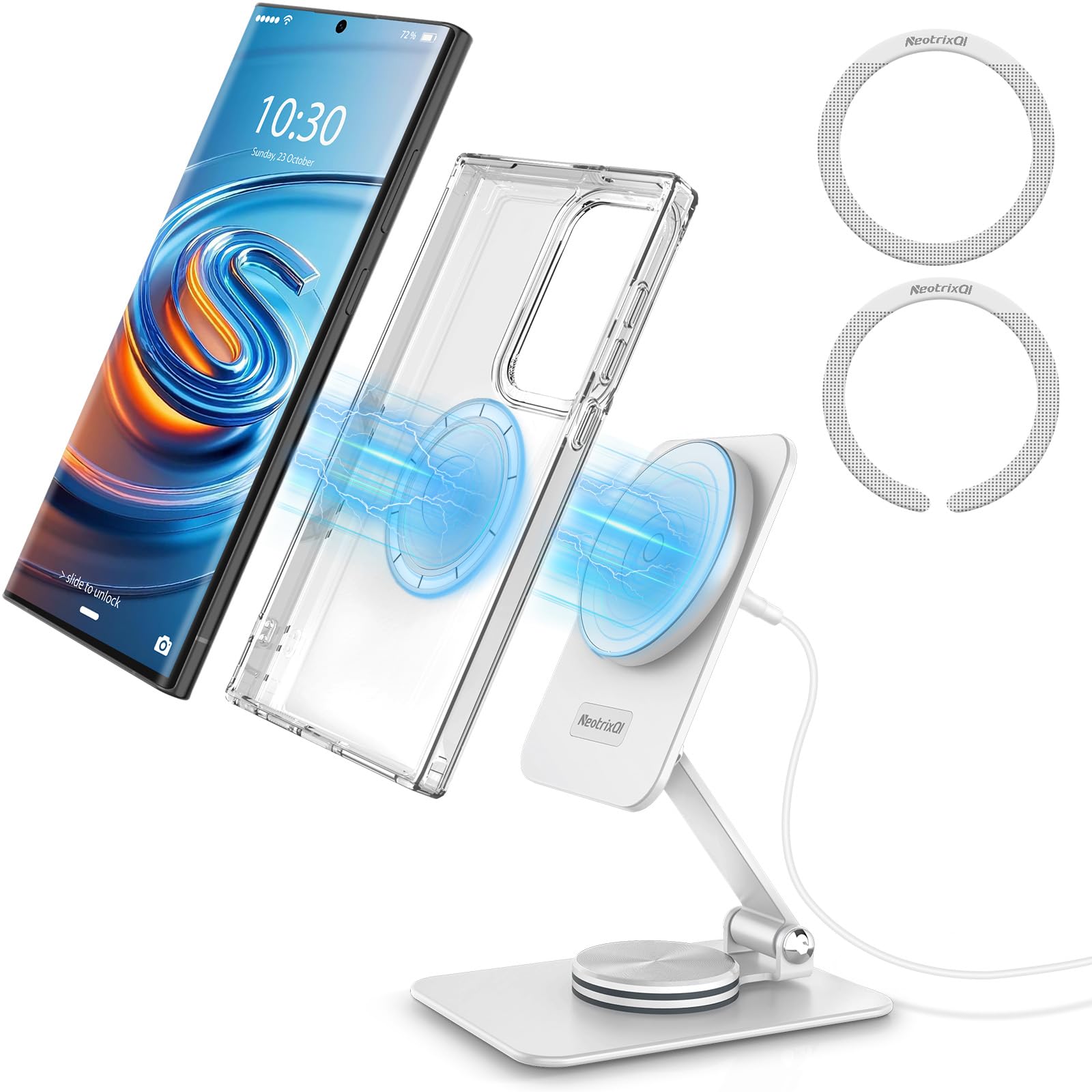 Magnetic Wireless Charger Stand for Samsung Galaxy S25 Ultra/S24 & iPhone 16/15/14 Pro - Foldable Travel MagSafe Charging Station with 360° Rotation for Pixel 9 Pro/8 & Android Phones | Aluminum Base for Home, Office & Car Use