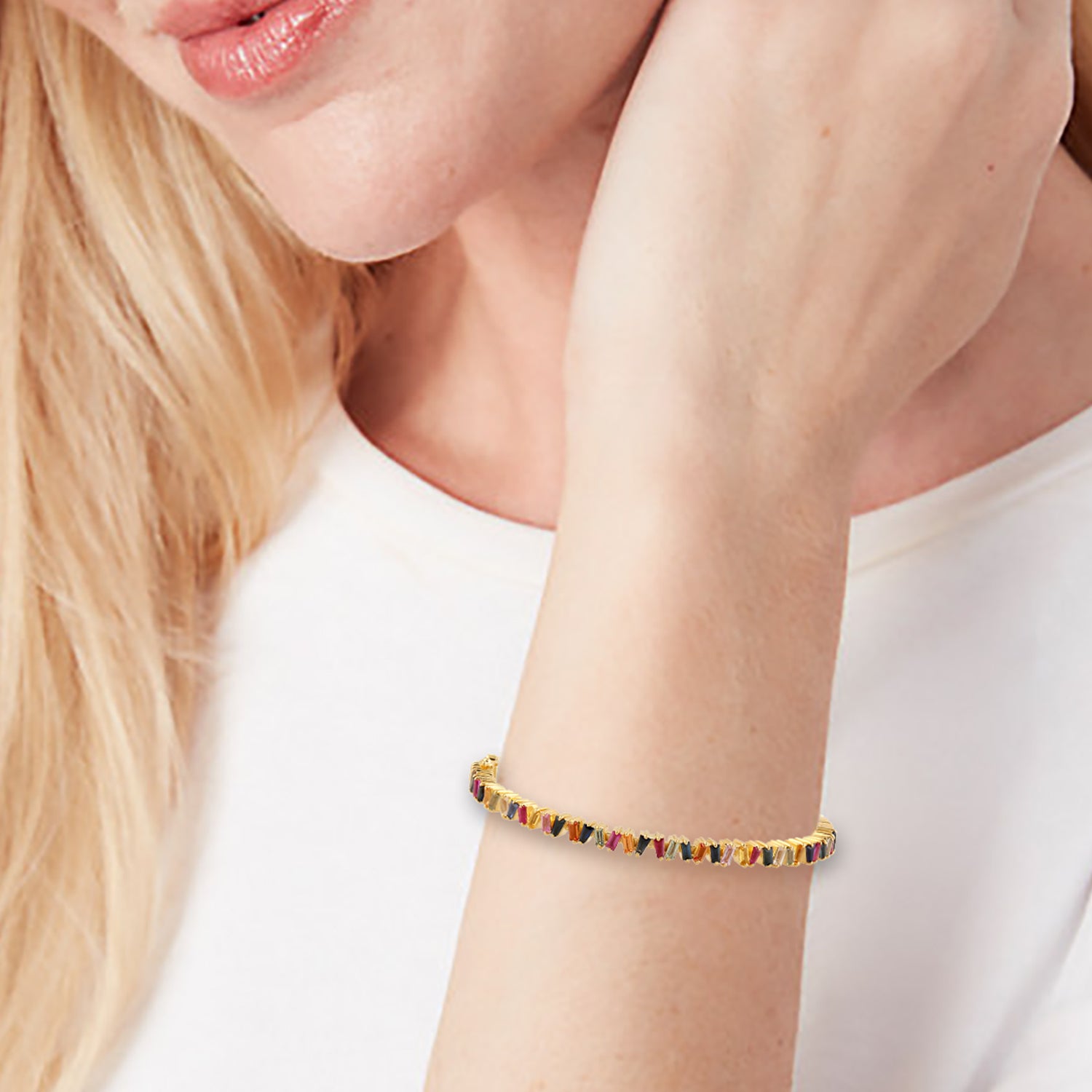 18k Yellow Gold Baguette Multicolor Sapphire and Ruby Bangle Bracelet Set - Elegant Jewelry for Women, Perfect for Weddings, Parties & Special Occasions