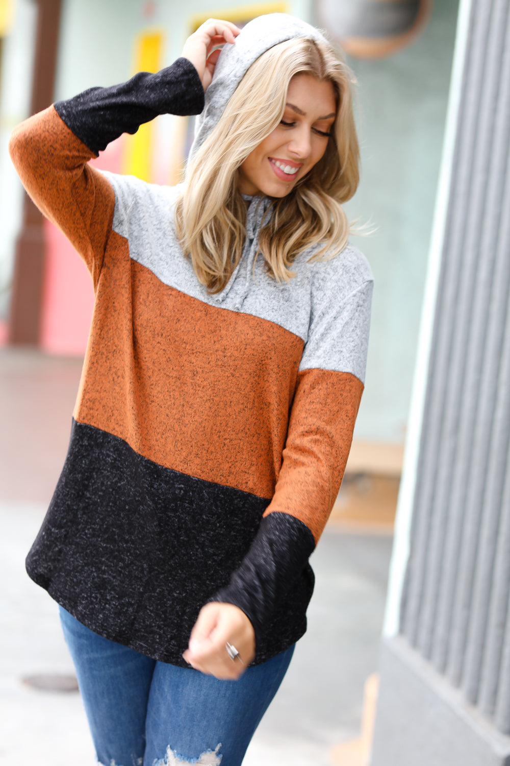 Heather Grey & Rust Color Block Hoodie Top - Stylish Women's Pullover Sweatshirt for Casual Wear, Gym, and Outdoor Activities