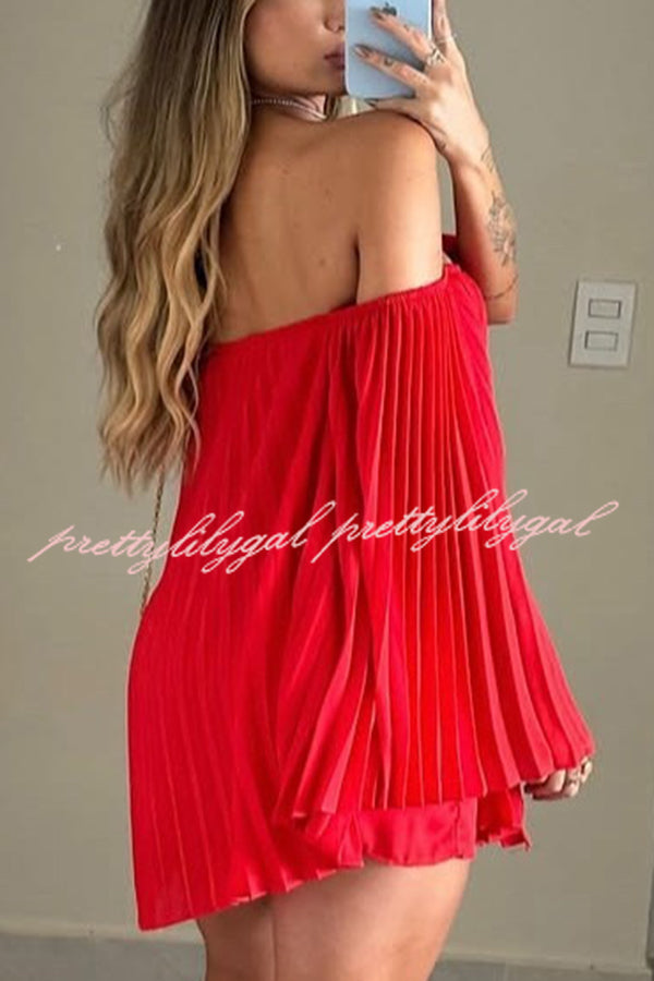 Off Shoulder Pleated Loose Top with Elastic Waist Shorts Set - Women's Summer Casual Outfit for Beach, Vacation & Date Night