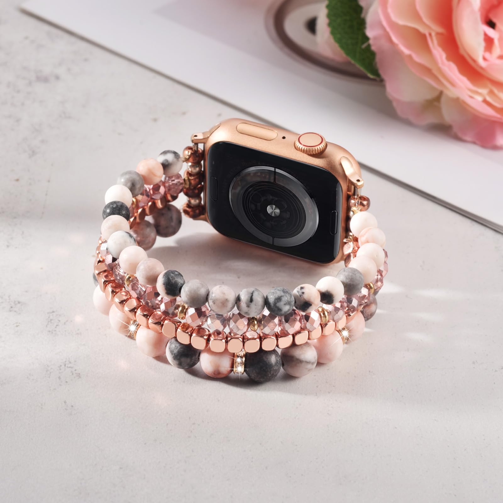 Natural Stone Beaded Stretch Bracelet Compatible with Apple Watch 38mm/40mm/41mm/42mm/44mm/45mm - Handmade Dressy Strap for iWatch Series 9/8/7/6/5/4/3/2/1/SE - Perfect for Women's Fashion, Office Wear & Special Occasions