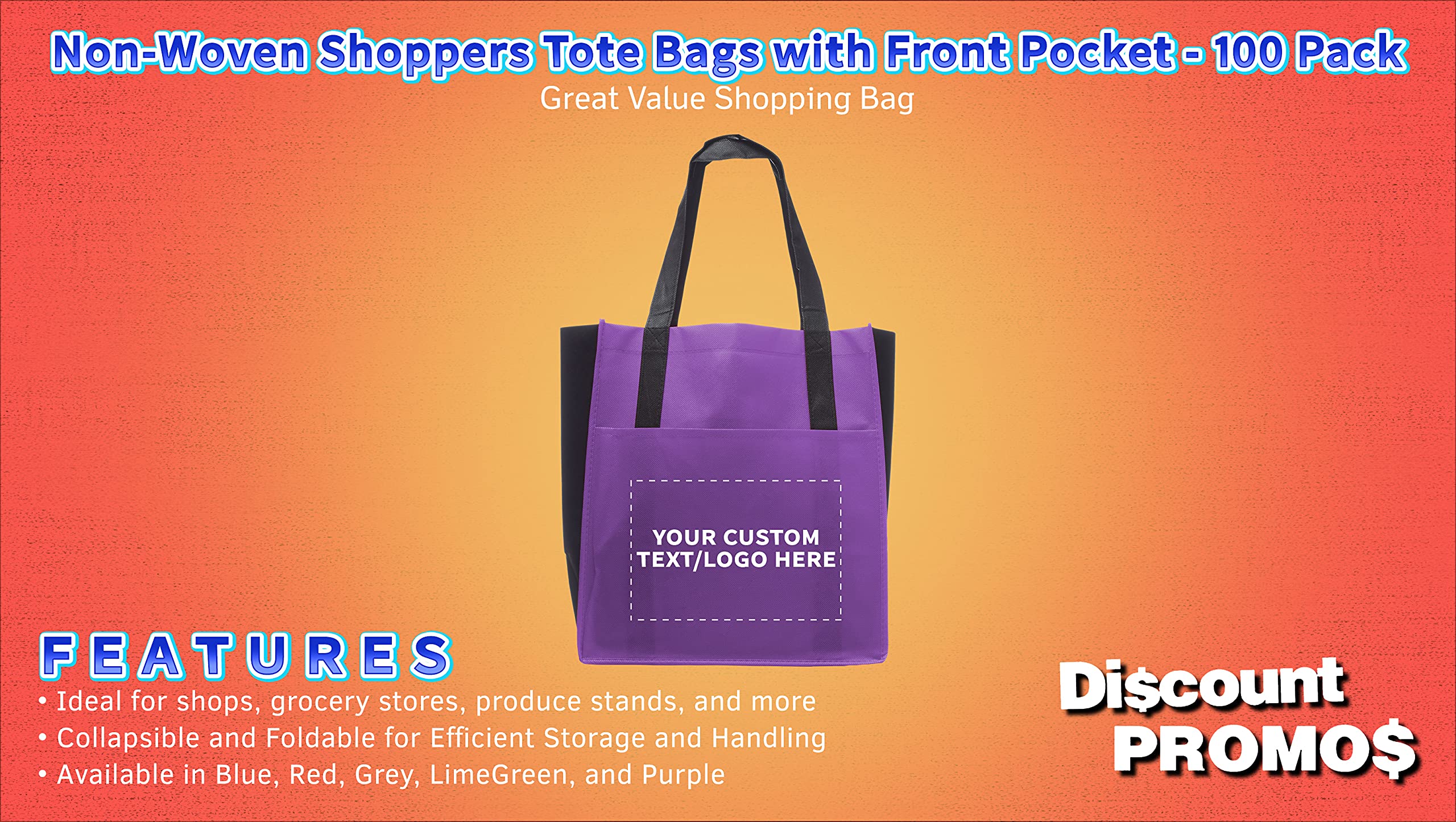 100 Pack Customizable Non-Woven Tote Bags with Front Pocket - Eco-Friendly Reusable Shopping Bags in Vibrant Purple Two-Tone (13